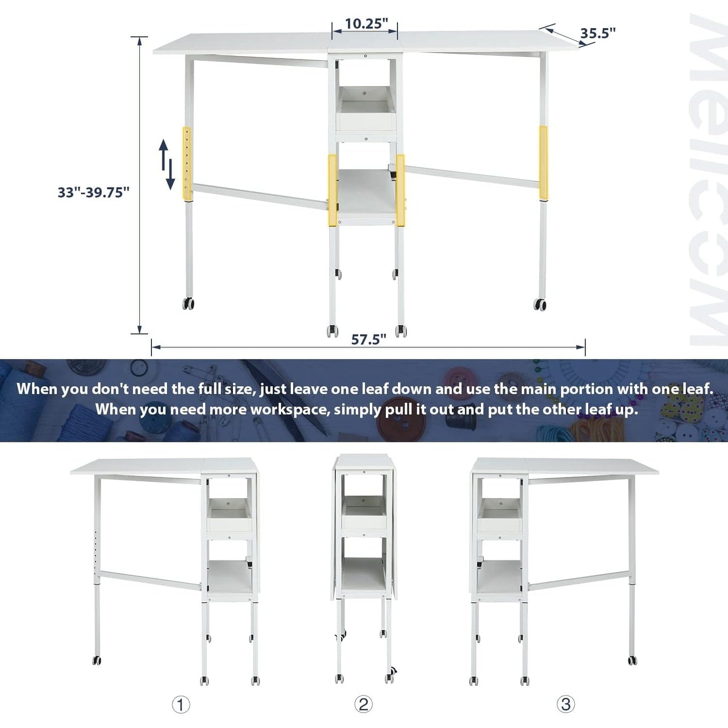 Table de bricolage réglable en hauteur avec étagères de rangement, table de découpe pliante mobile pour la maison, le bureau, la salle de couture et la salle d'artisanat