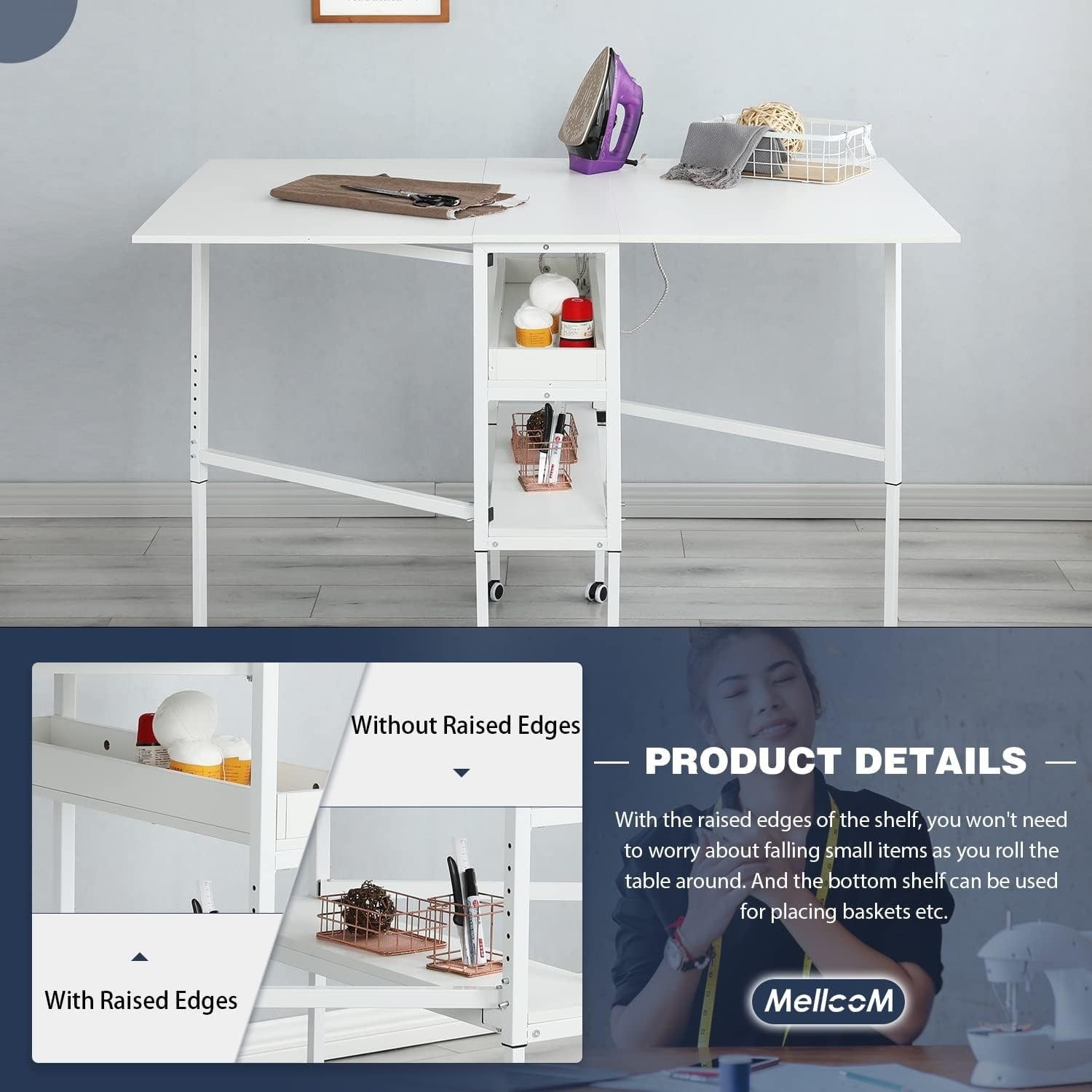 Table de bricolage réglable en hauteur avec étagères de rangement, table de découpe pliante mobile pour la maison, le bureau, la salle de couture et la salle d'artisanat