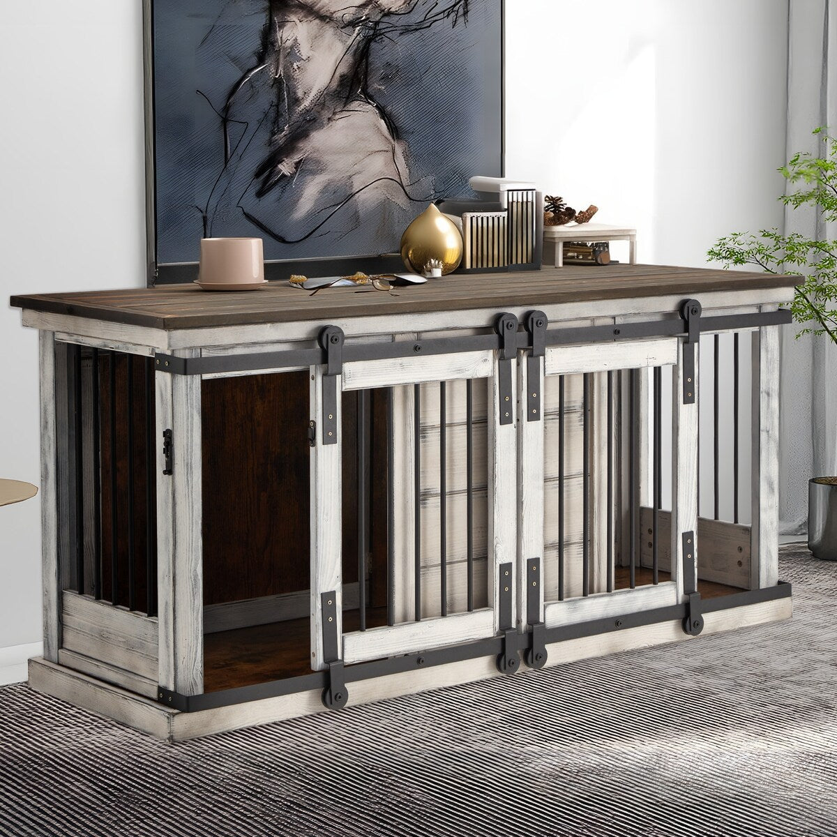 Cage pour chien en bois massif EROMMY, niche d'intérieur avec porte coulissante et meuble TV, niche chic en bois, cage élégante pour chien