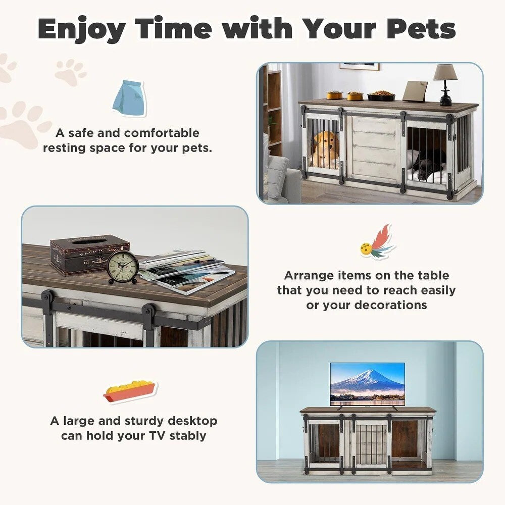 Cage pour chien en bois massif EROMMY, niche d'intérieur avec porte coulissante et meuble TV, niche chic en bois, cage élégante pour chien