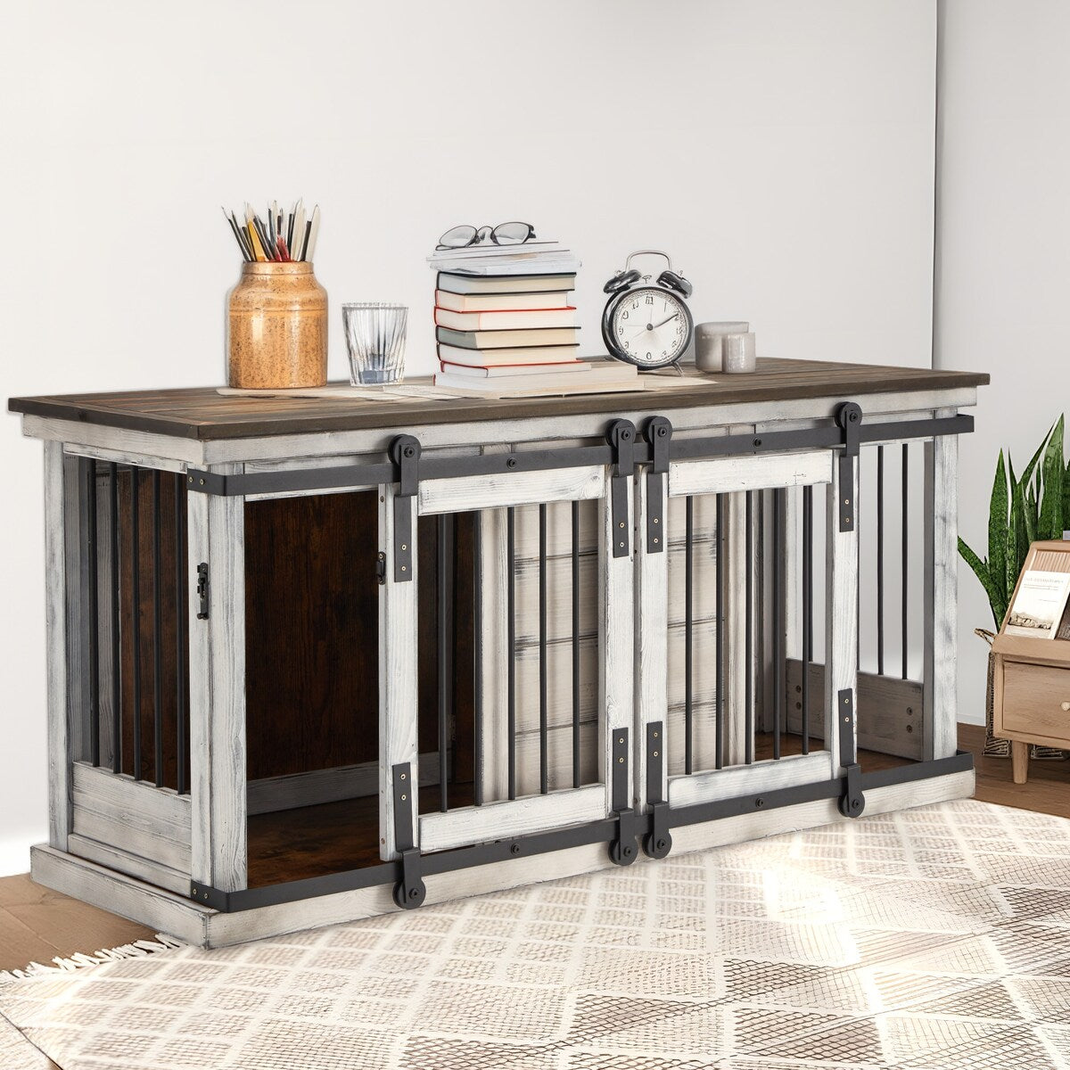 Cage pour chien en bois massif EROMMY, niche d'intérieur avec porte coulissante et meuble TV, niche chic en bois, cage élégante pour chien