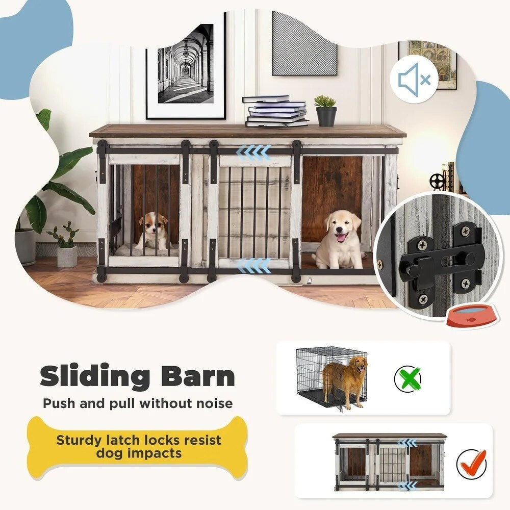 Cage pour chien en bois massif EROMMY, niche d'intérieur avec porte coulissante et meuble TV, niche chic en bois, cage élégante pour chien