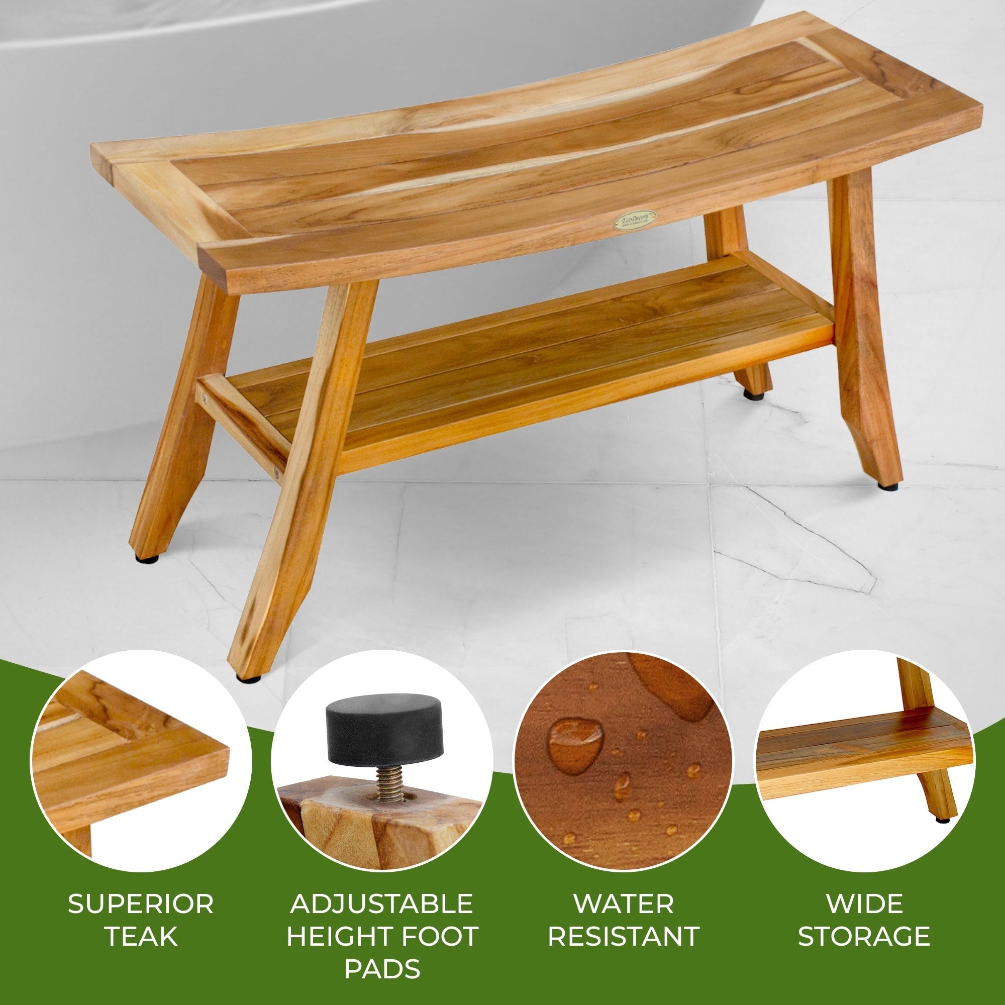 Banc de douche en teck EcoDecors Satori 86 cm, banc en bois, banc de salle de bain, sièges de douche pour adultes, tabouret de douche en teck