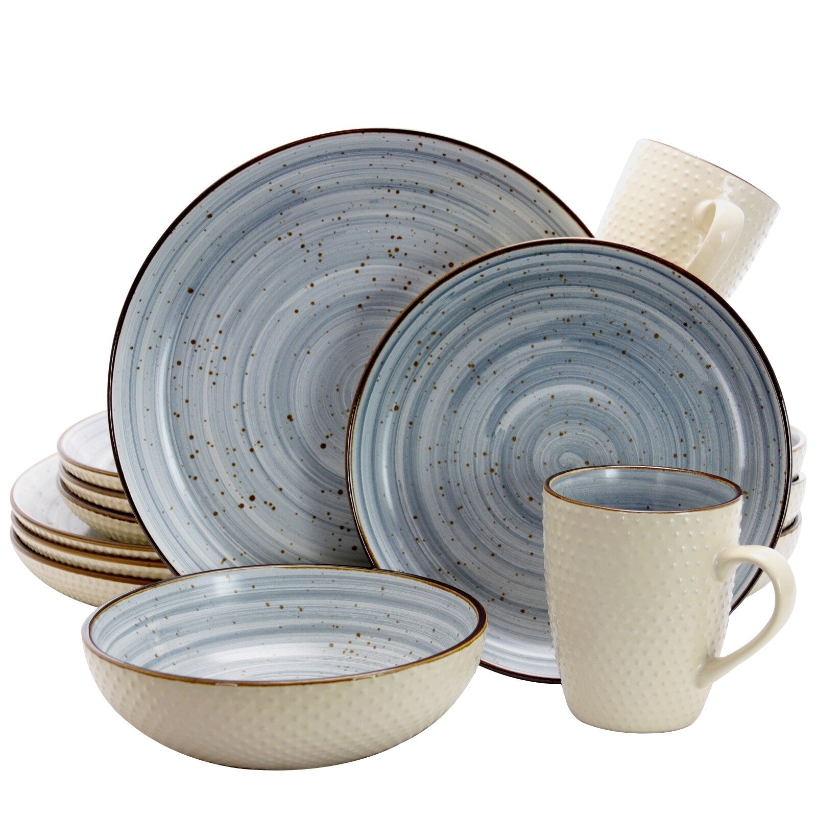 Service de table bicolore Elama 16 pièces à pois en relief, bleu poudre