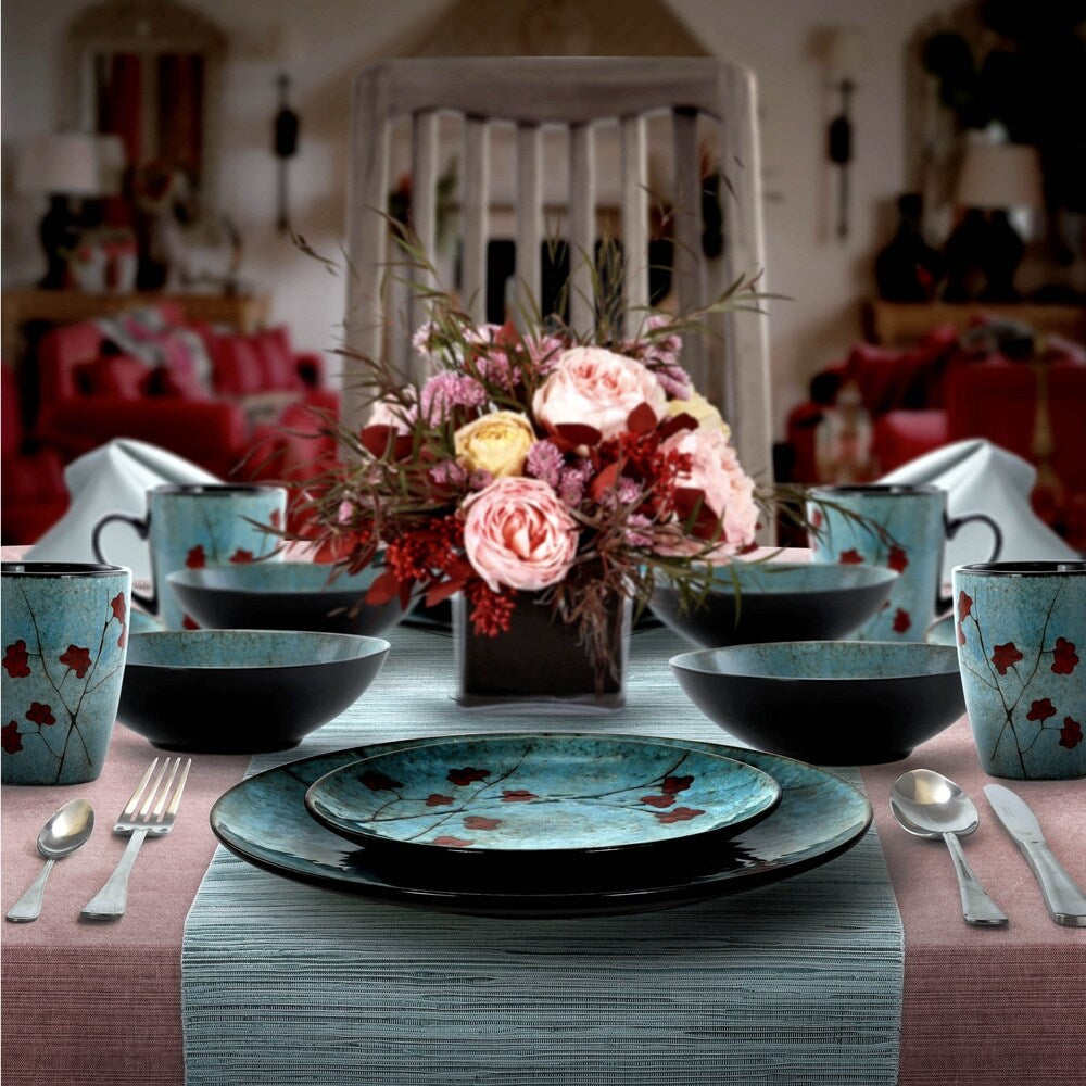 Service de table Elama Floral Accents 16 pièces en grès bleu