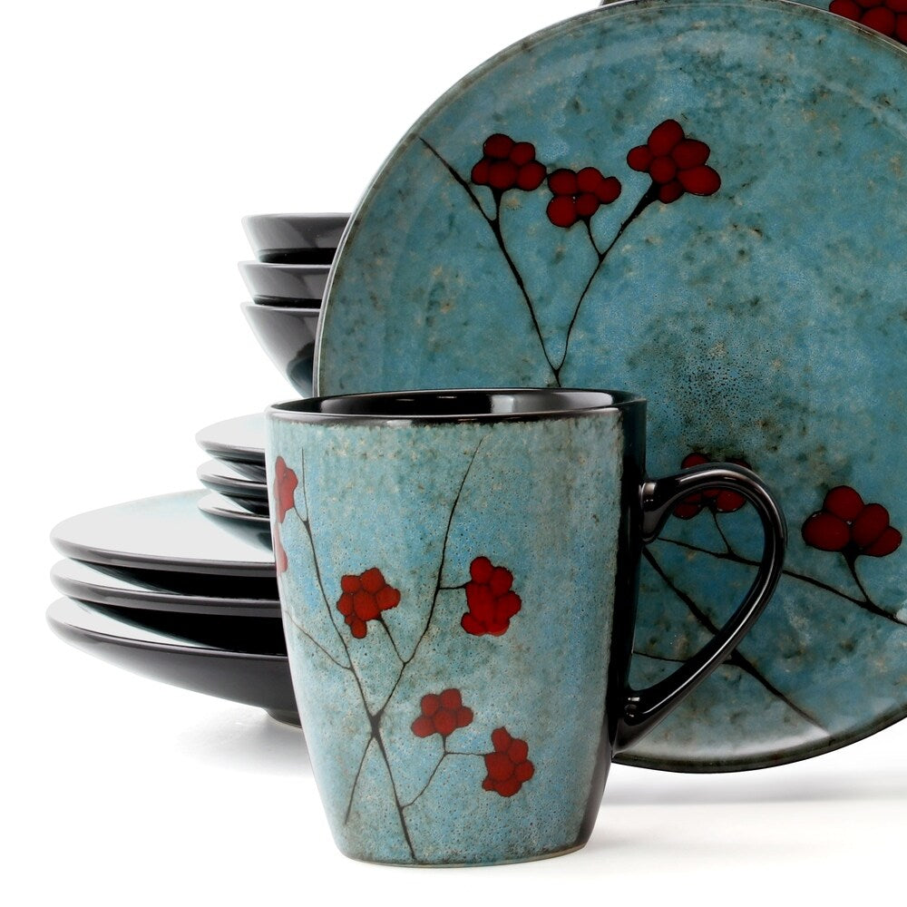 Service de table Elama Floral Accents 16 pièces en grès bleu