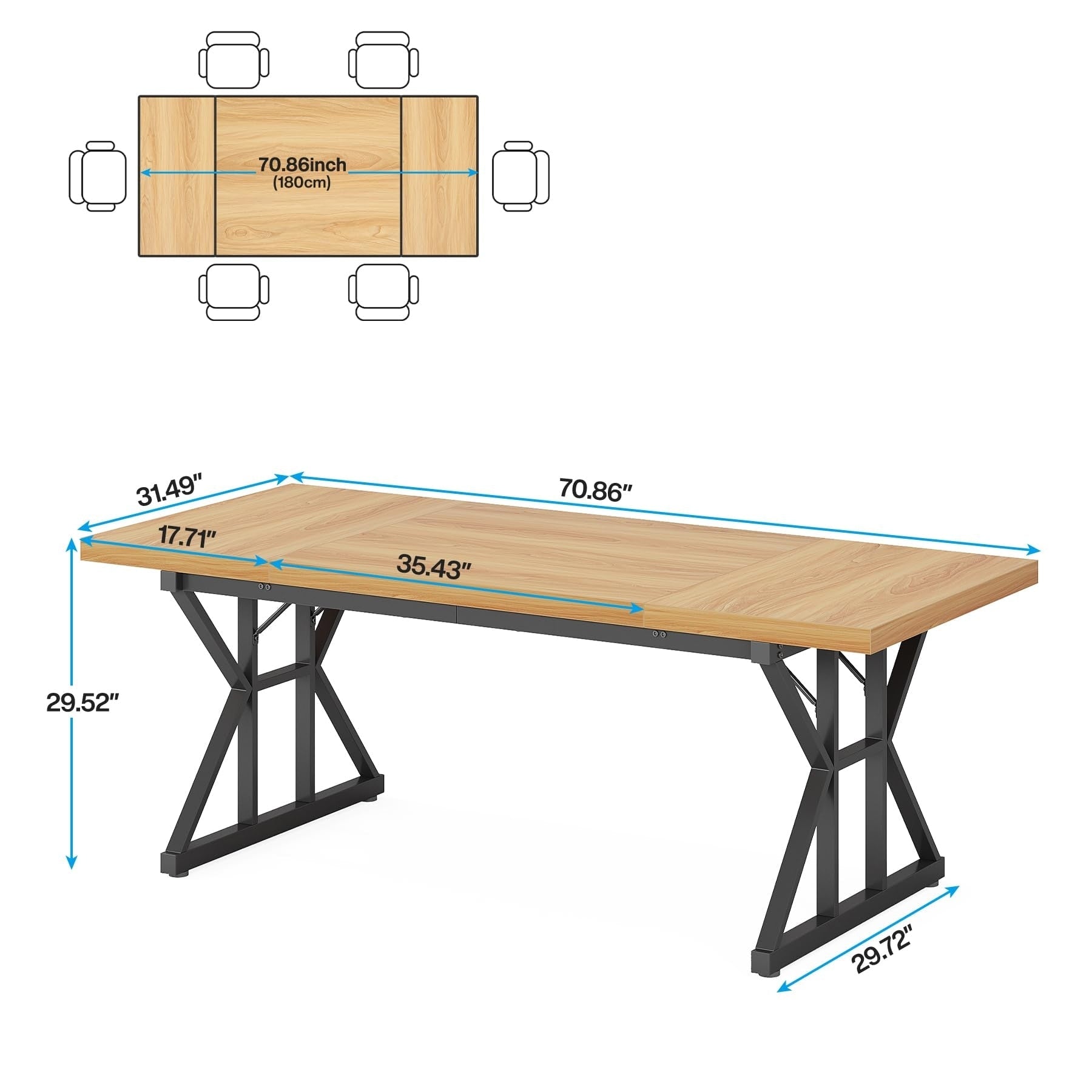 Table à manger de ferme pour 6 personnes, table de cuisine rectangulaire en bois de 70,8 pouces