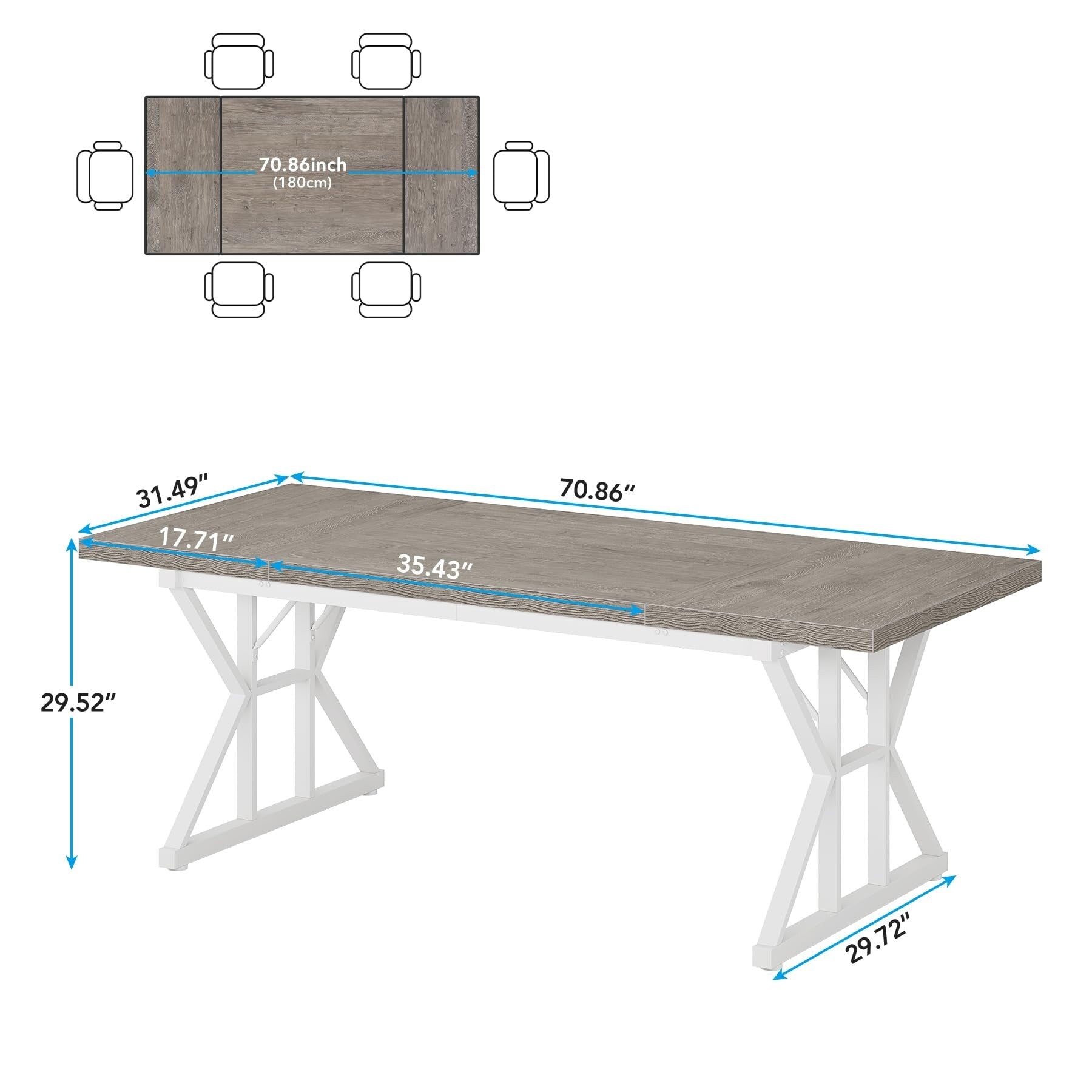 Table à manger de ferme pour 6 personnes, table de cuisine rectangulaire en bois de 70,8 pouces