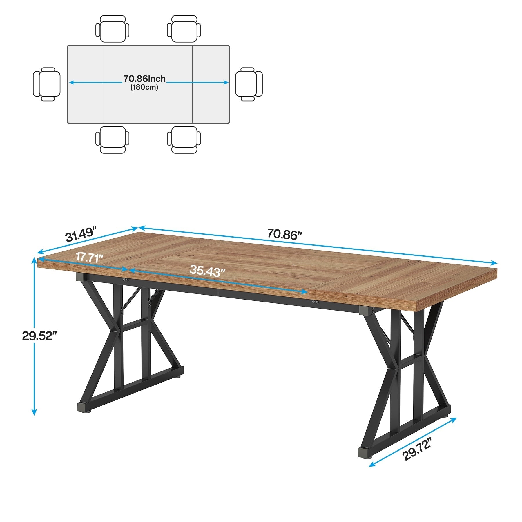 Table à manger de ferme pour 6 personnes, table de cuisine rectangulaire en bois de 70,8 pouces