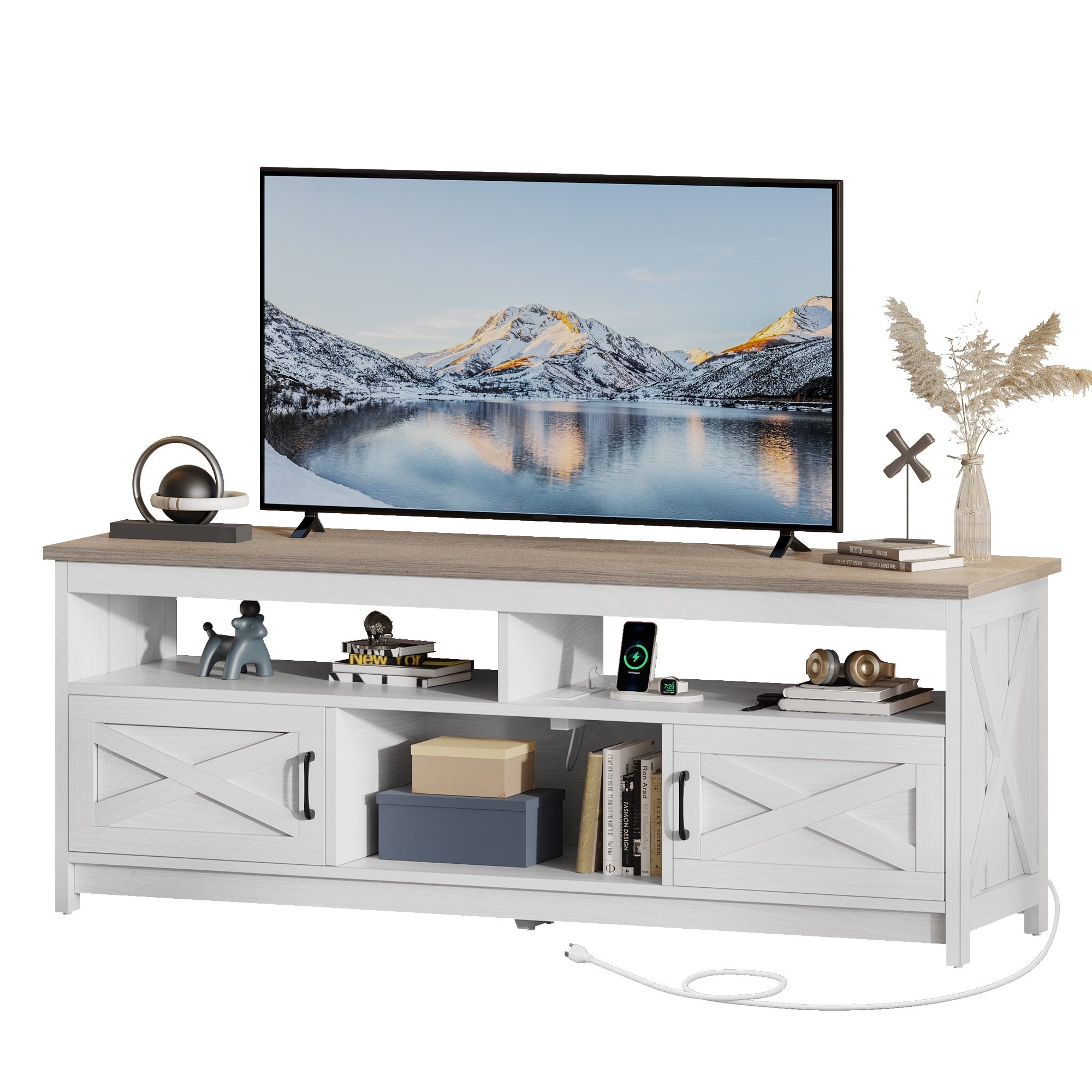 Meuble TV Farmhouse pouvant accueillir jusqu'à 65 téléviseurs avec portes et étagères ouvertes Console multimédia Prise de courant