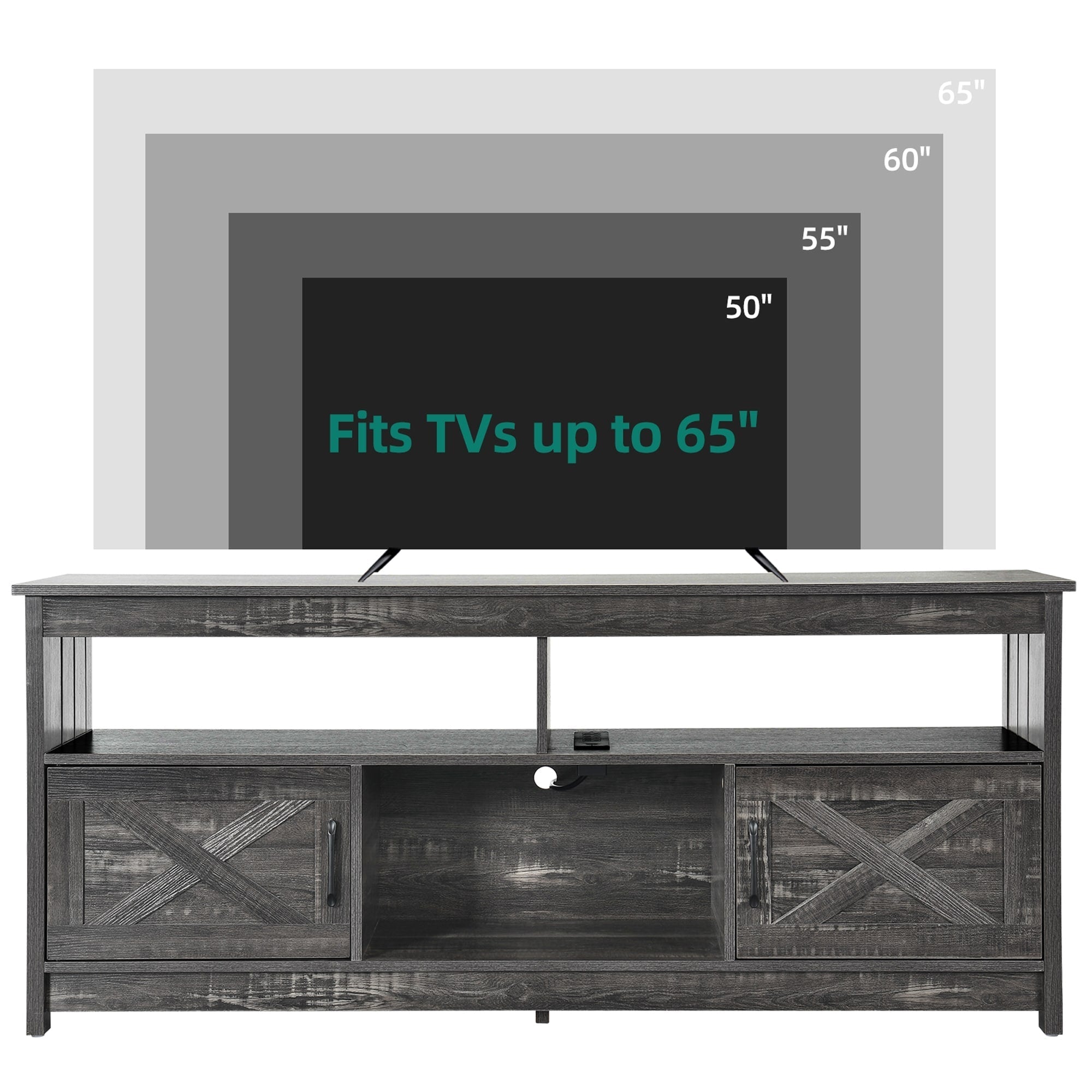 Meuble TV Farmhouse pouvant accueillir jusqu'à 65 téléviseurs avec portes et étagères ouvertes Console multimédia Prise de courant