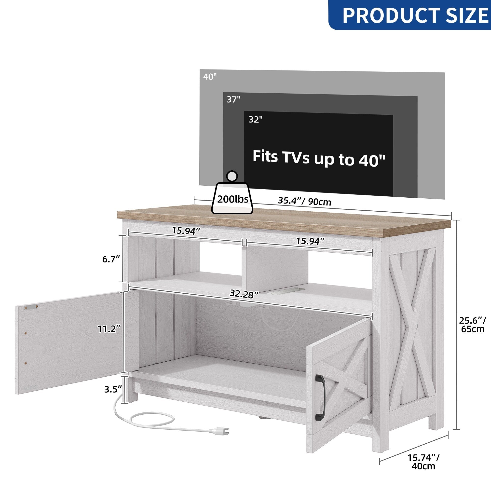 Meuble TV Farmhouse pouvant accueillir jusqu'à 65 téléviseurs avec portes et étagères ouvertes Console multimédia Prise de courant