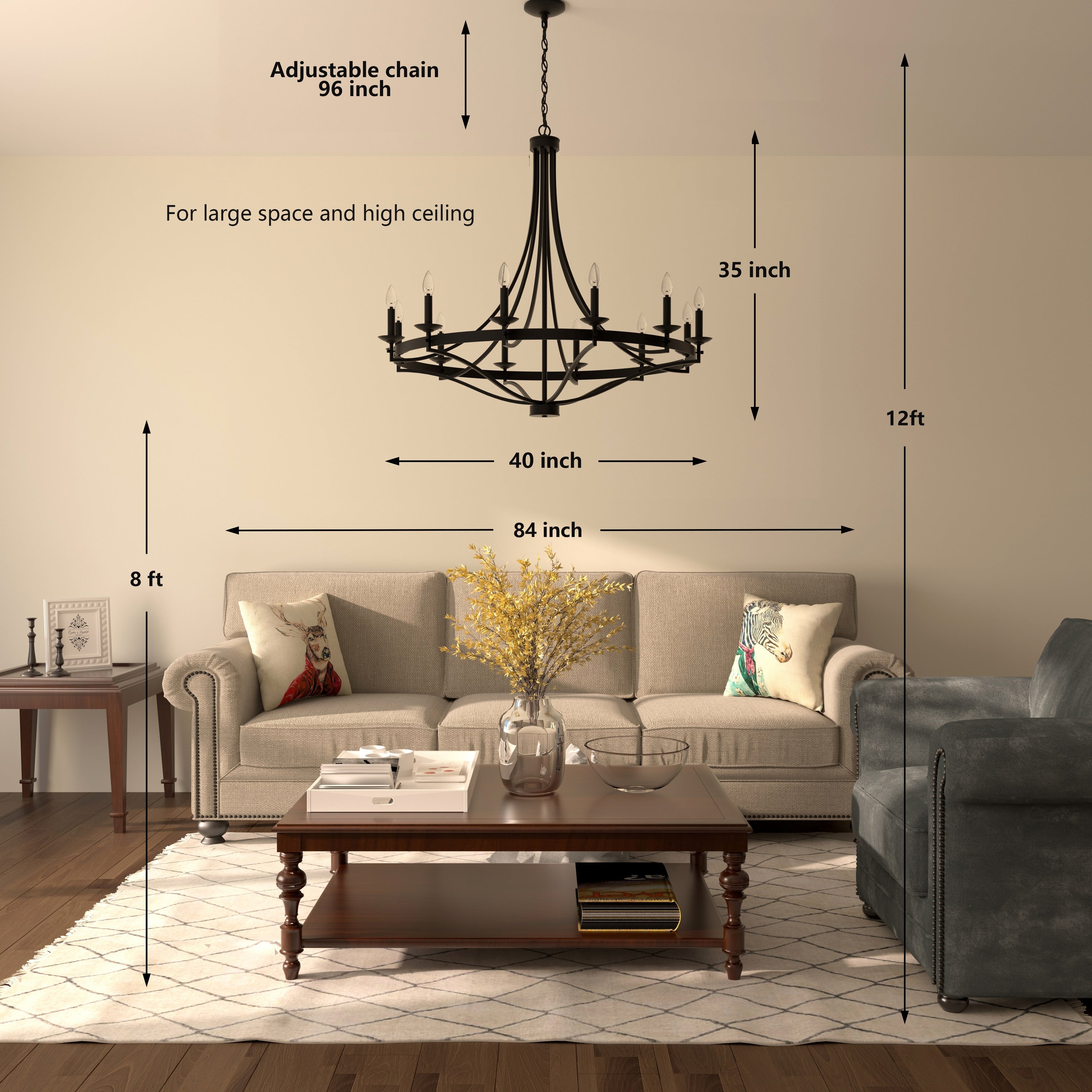 Lustre Empire à 12 lumières de style ferme moderne Fidenza avec roue de chariot et UL - D40'' * H135''