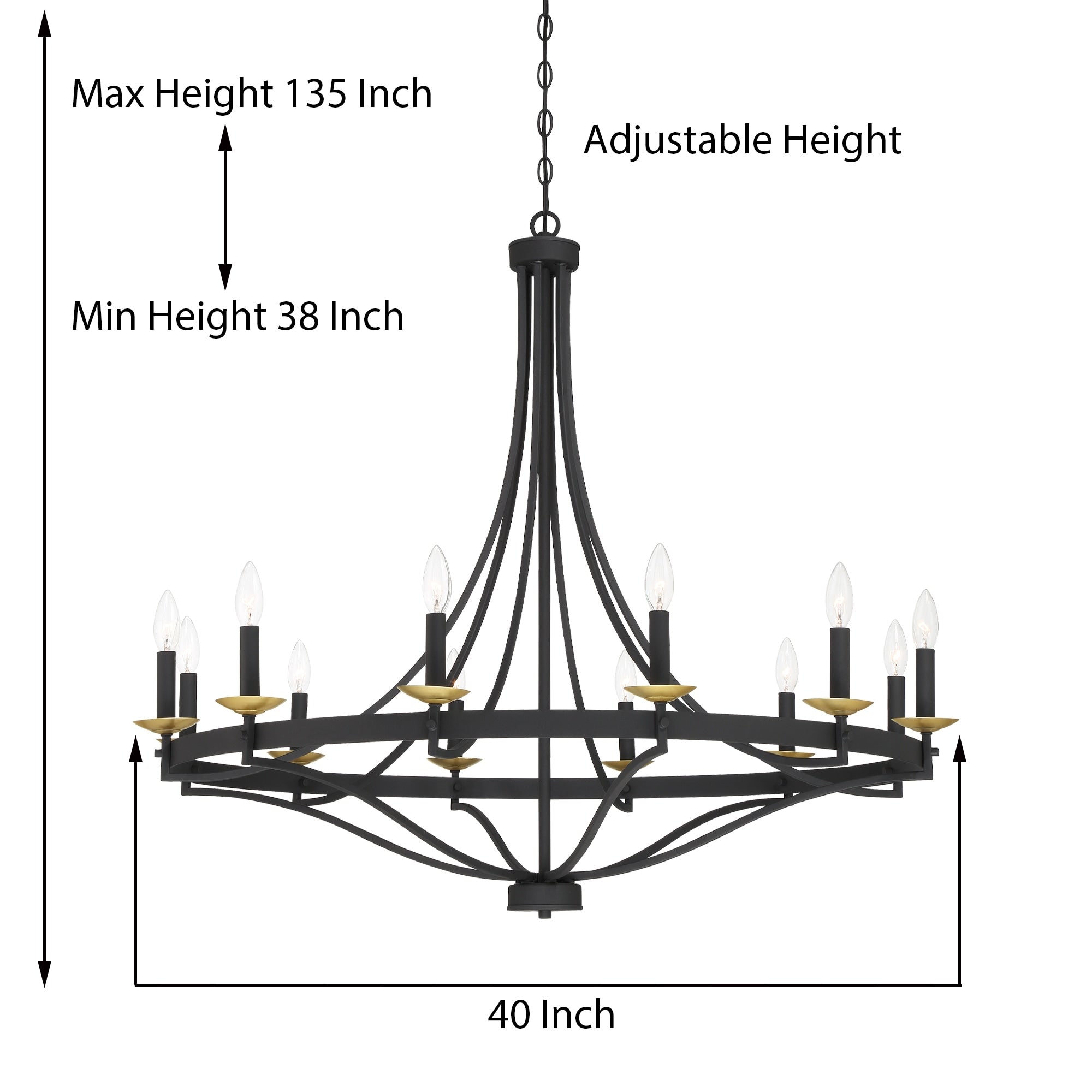 Lustre Empire à 12 lumières de style ferme moderne Fidenza avec roue de chariot et UL - D40'' * H135''