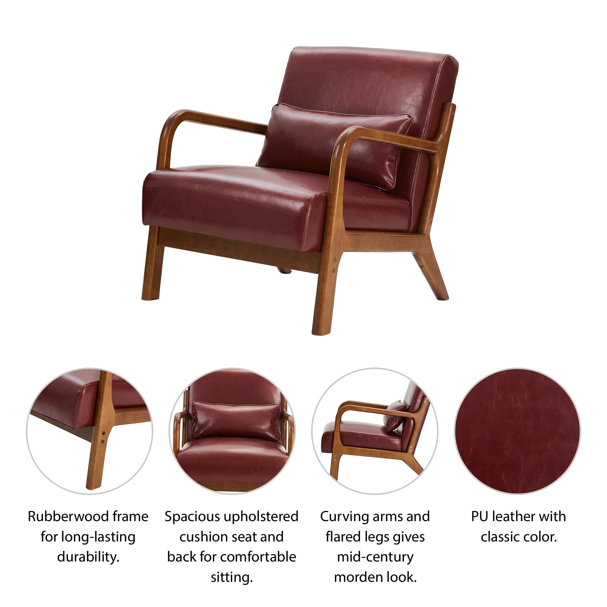 Fauteuil d'appoint moderne en cuir synthétique Glitzhome 30,75 po de hauteur, style milieu de siècle, avec coussin – 25,75 po de largeur x 33,75 po de profondeur x 30,75 po de hauteur