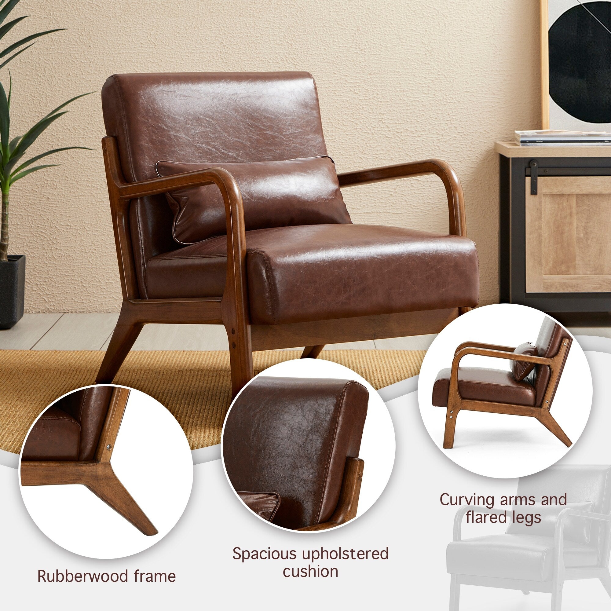 Fauteuil d'appoint moderne en cuir synthétique Glitzhome 30,75 po de hauteur, style milieu de siècle, avec coussin – 25,75 po de largeur x 33,75 po de profondeur x 30,75 po de hauteur