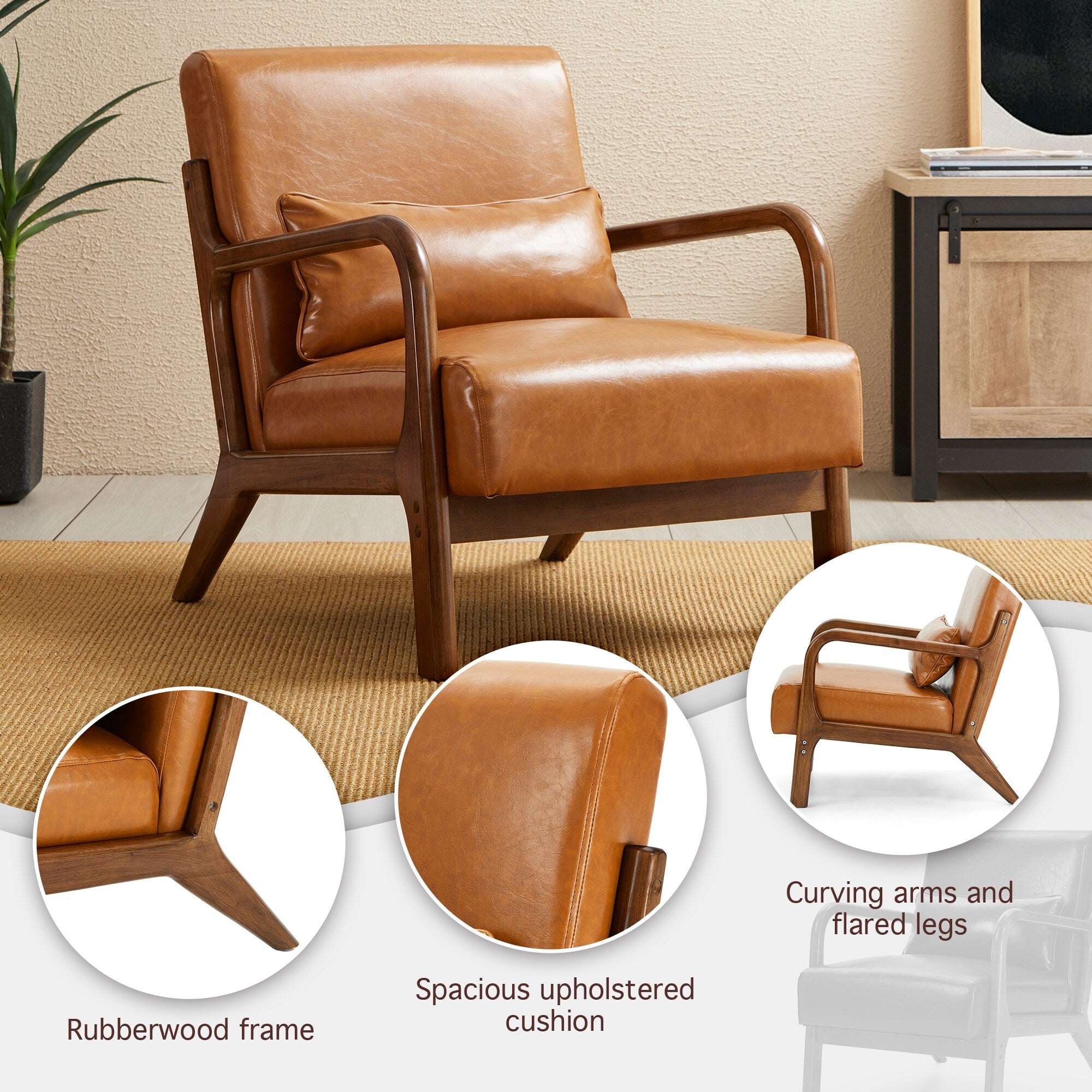 Fauteuil d'appoint moderne en cuir synthétique Glitzhome 30,75 po de hauteur, style milieu de siècle, avec coussin – 25,75 po de largeur x 33,75 po de profondeur x 30,75 po de hauteur