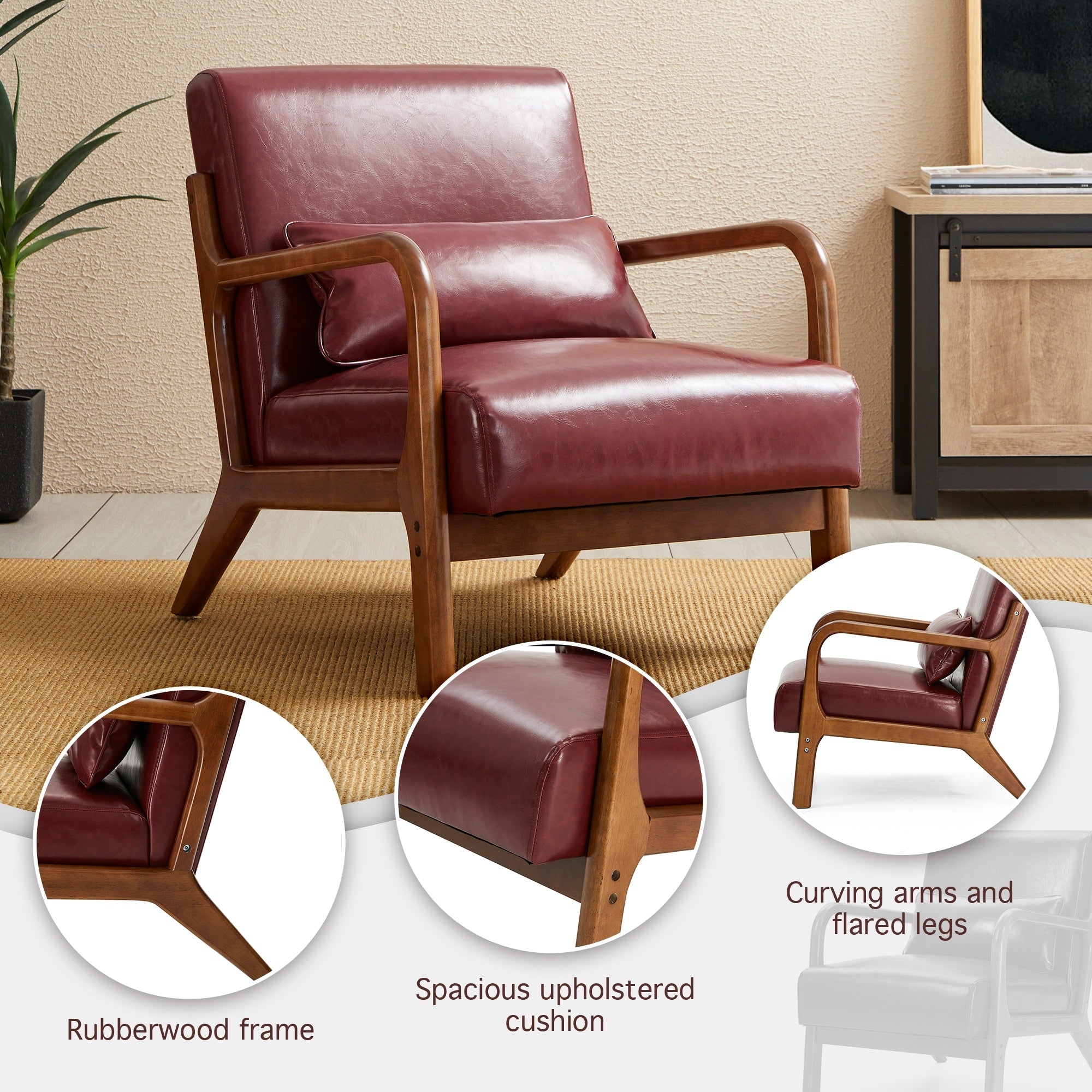 Fauteuil d'appoint moderne en cuir synthétique Glitzhome 30,75 po de hauteur, style milieu de siècle, avec coussin – 25,75 po de largeur x 33,75 po de profondeur x 30,75 po de hauteur