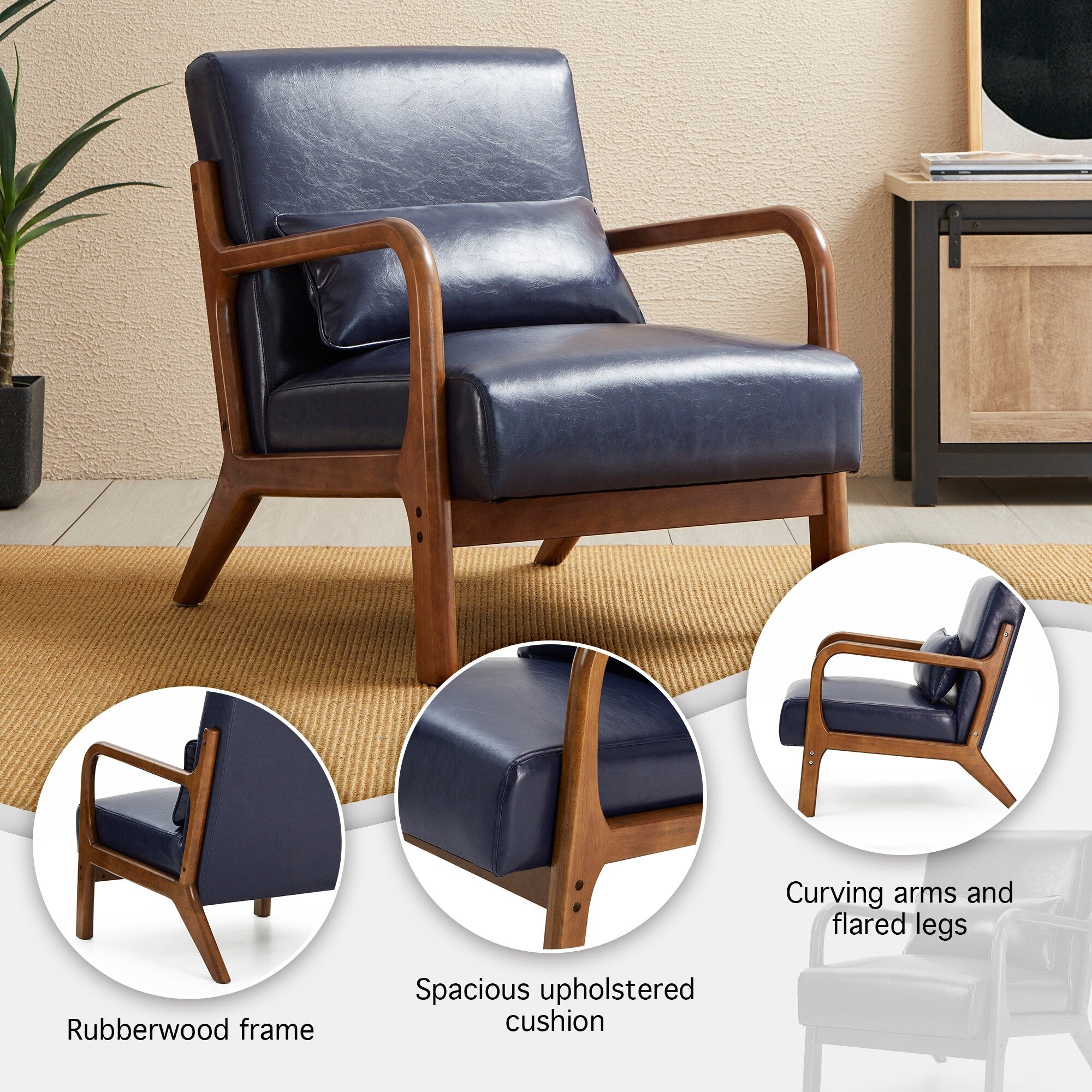 Fauteuil d'appoint moderne en cuir synthétique Glitzhome 30,75 po de hauteur, style milieu de siècle, avec coussin – 25,75 po de largeur x 33,75 po de profondeur x 30,75 po de hauteur