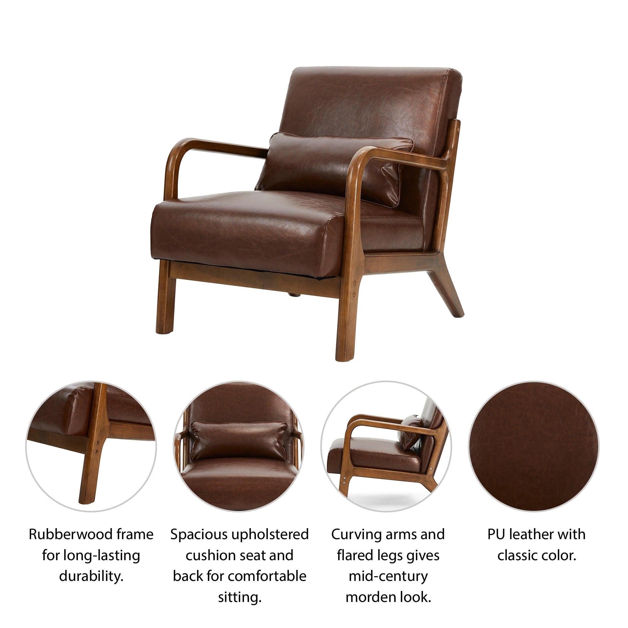 Fauteuil d'appoint moderne en cuir synthétique Glitzhome 30,75 po de hauteur, style milieu de siècle, avec coussin – 25,75 po de largeur x 33,75 po de profondeur x 30,75 po de hauteur