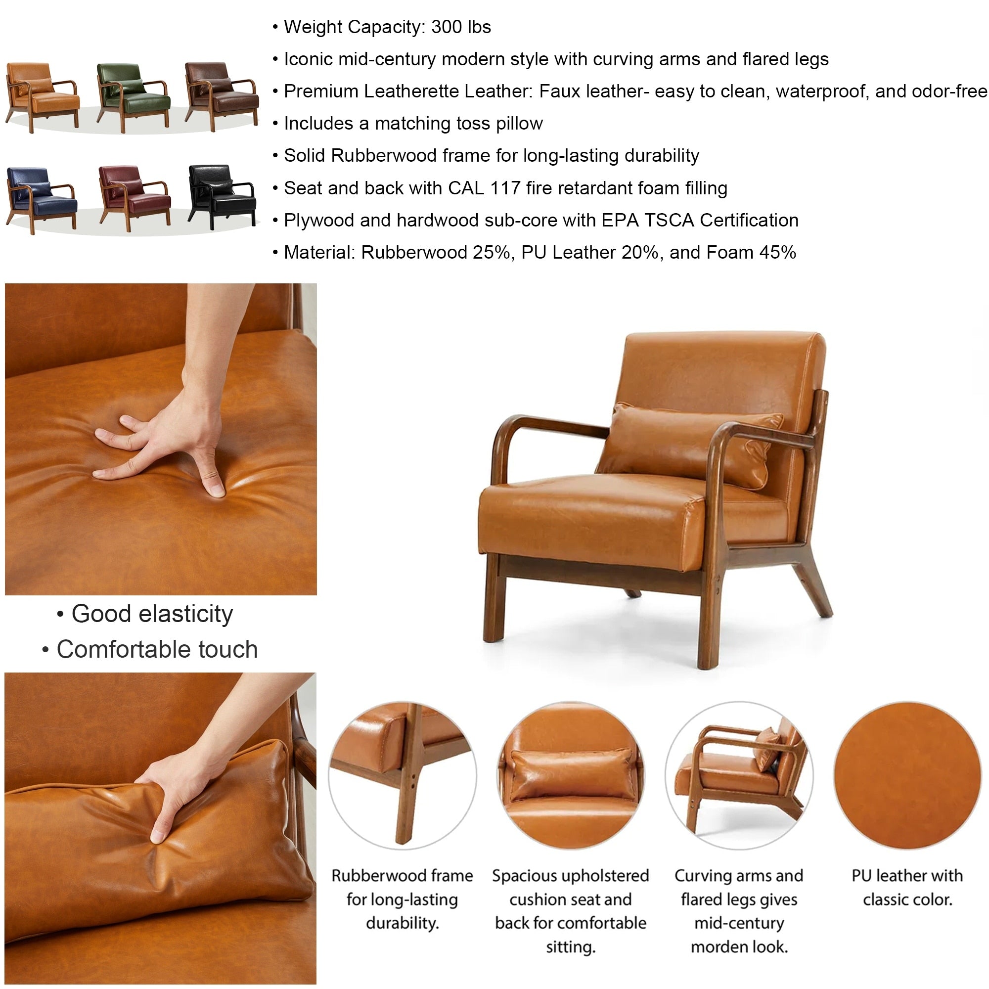 Fauteuil d'appoint moderne en cuir synthétique Glitzhome 30,75 po de hauteur, style milieu de siècle, avec coussin – 25,75 po de largeur x 33,75 po de profondeur x 30,75 po de hauteur