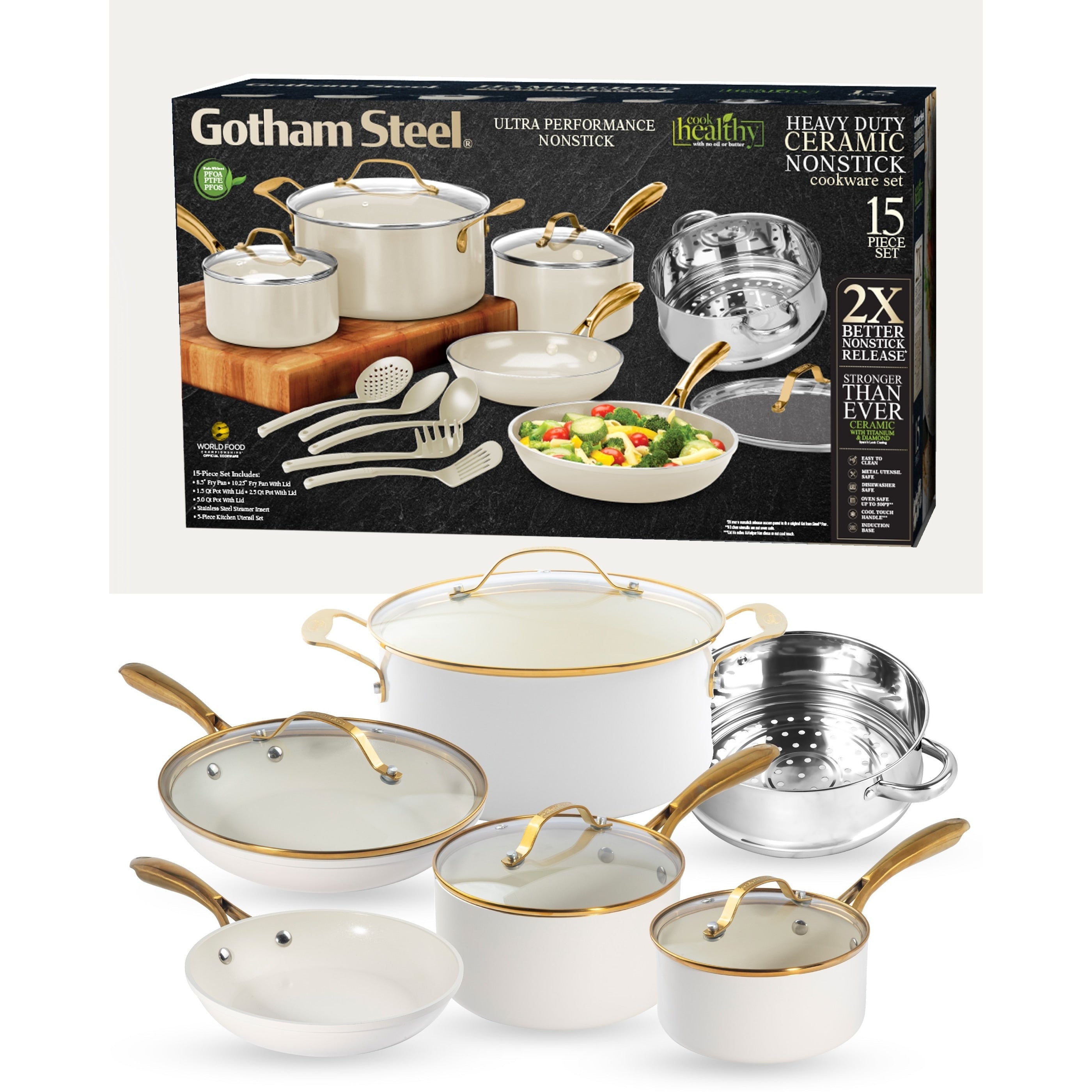 Batterie de cuisine antiadhésive en céramique Gotham Steel Cream, 15 pièces, avec ustensiles