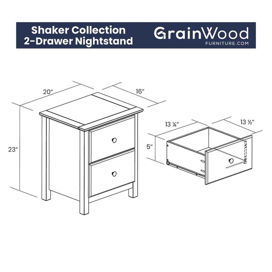 Table de chevet en bois massif à 2 tiroirs de style Shaker en bois de grain