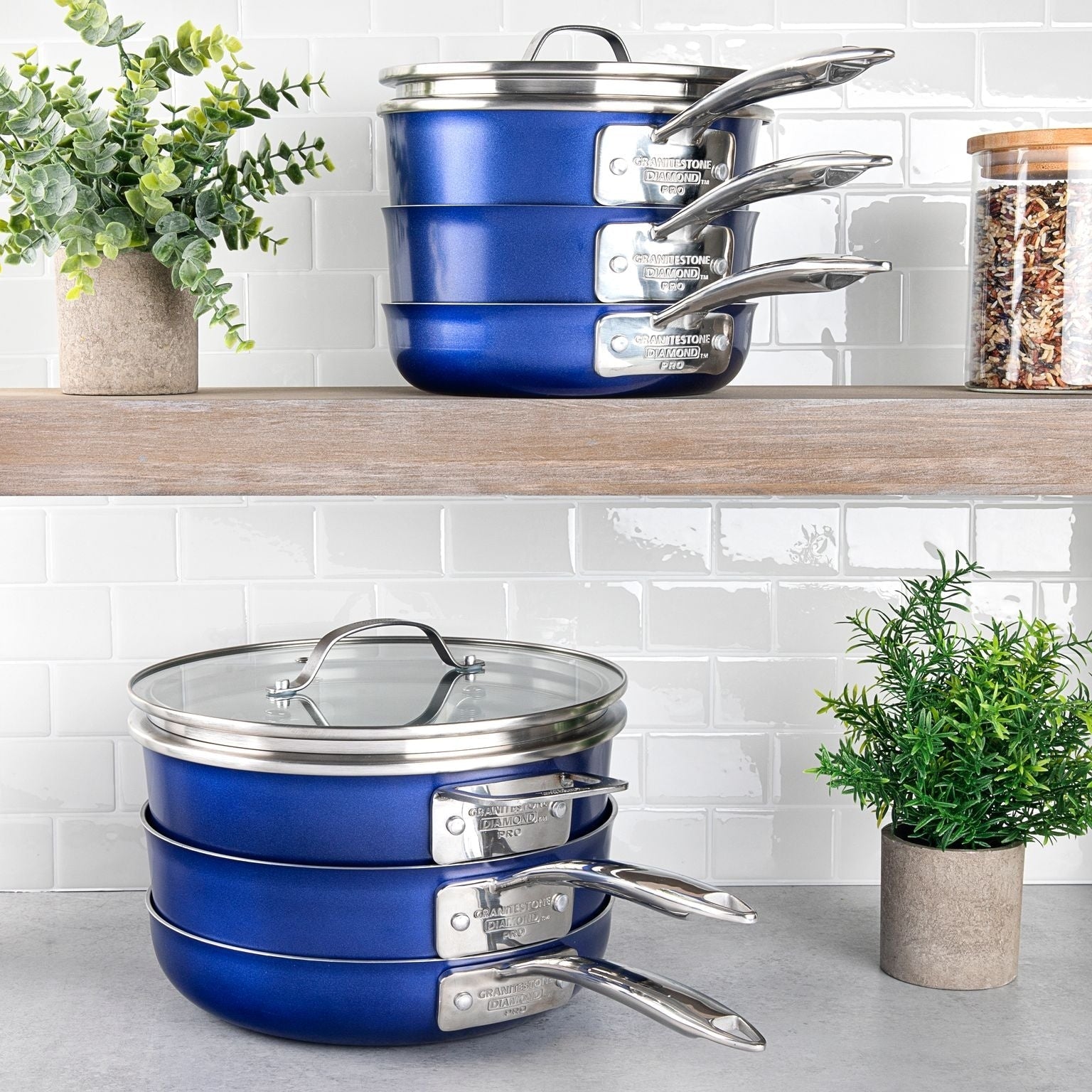 Batterie de cuisine antiadhésive Stackmaster Granitestone Blue 15 pièces avec couvercles en verre