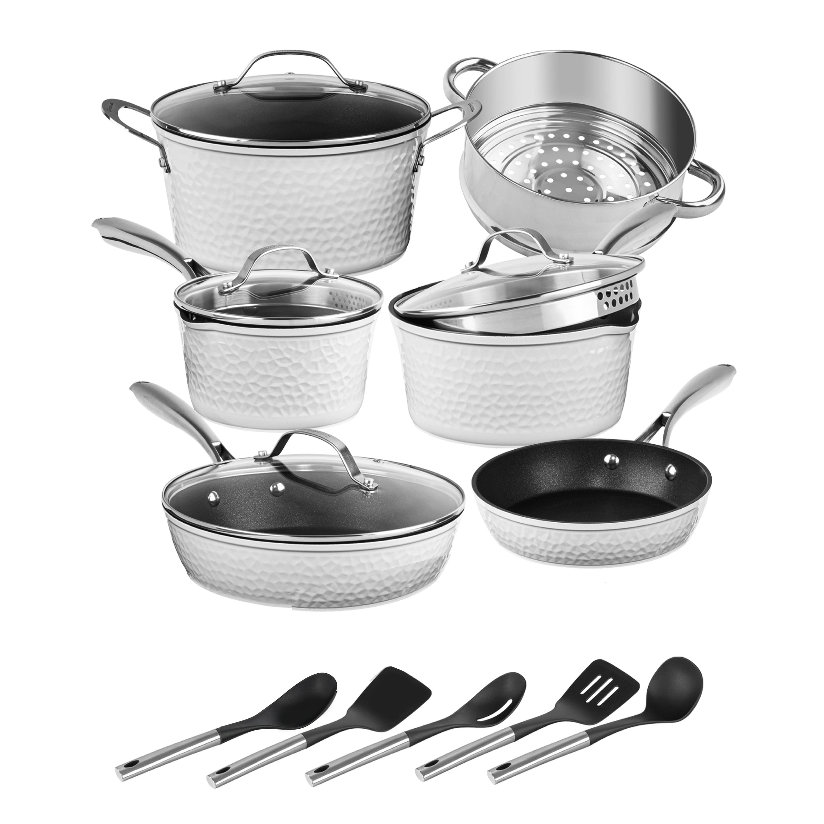 Batterie de cuisine antiadhésive martelée Granitestone Charleston 15 pièces