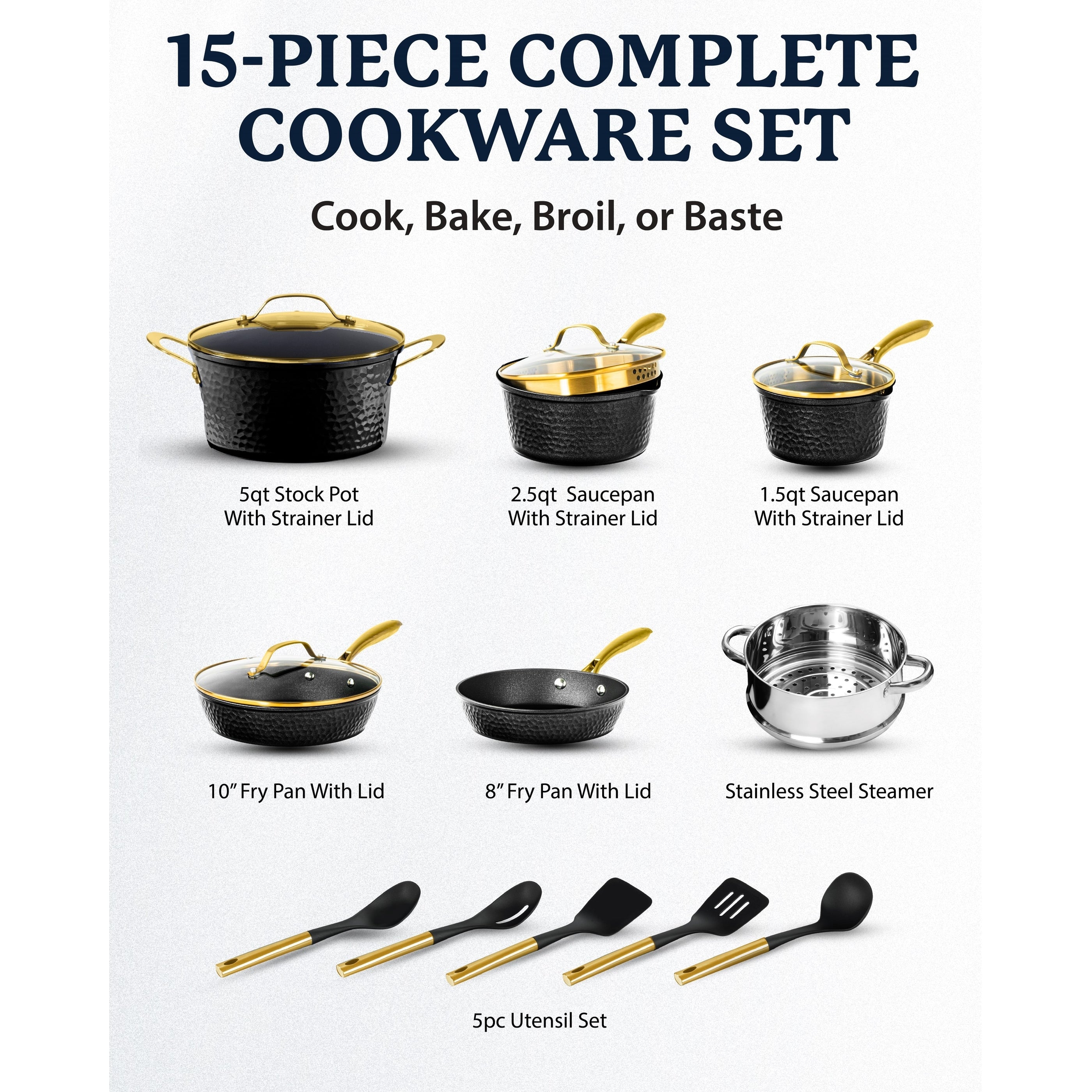 Batterie de cuisine antiadhésive martelée Granitestone Charleston 15 pièces