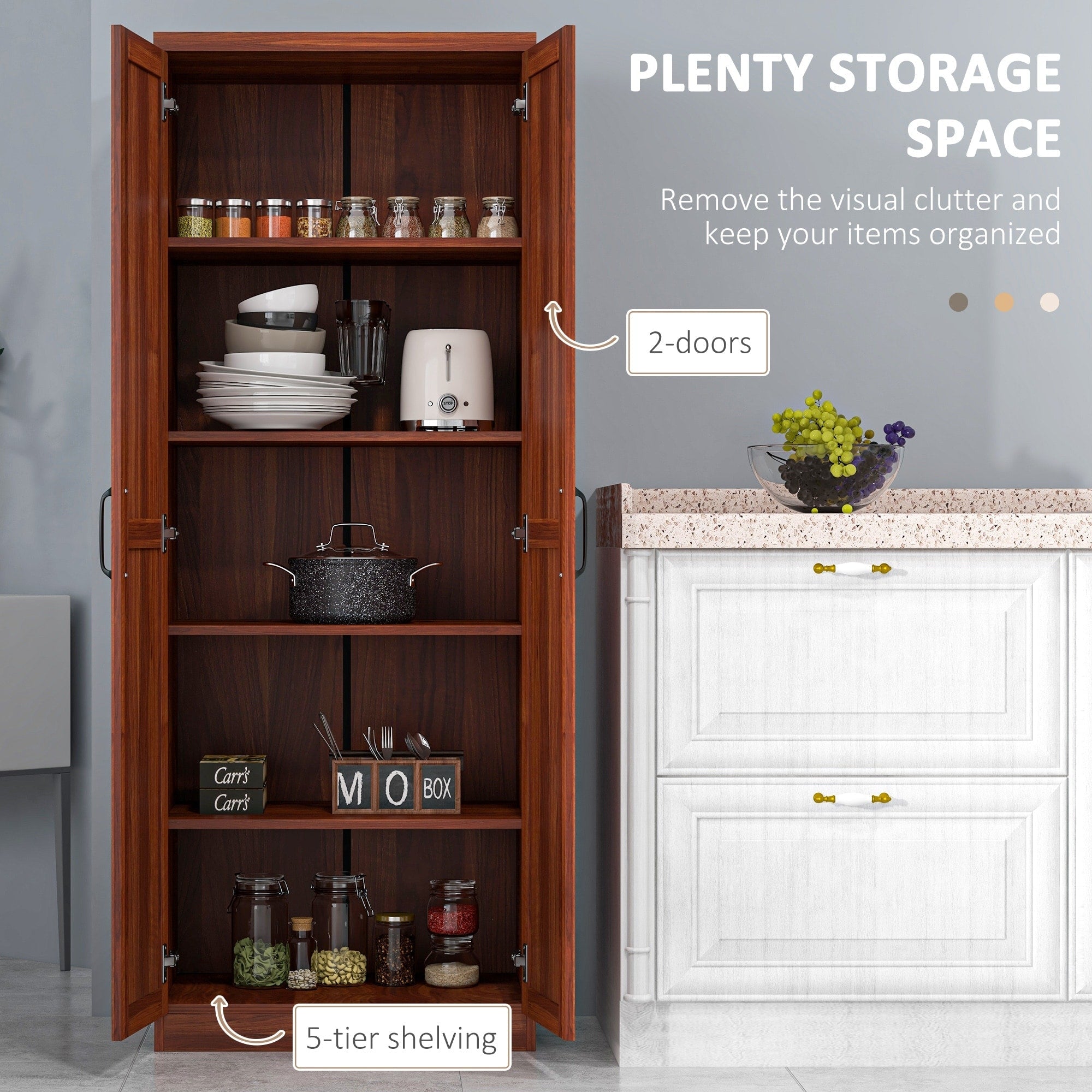 HOMCOM 63 Garde-manger de cuisine 2 portes, meuble de rangement indépendant avec étagères à 5 niveaux et 2 étagères réglables pour salle à manger