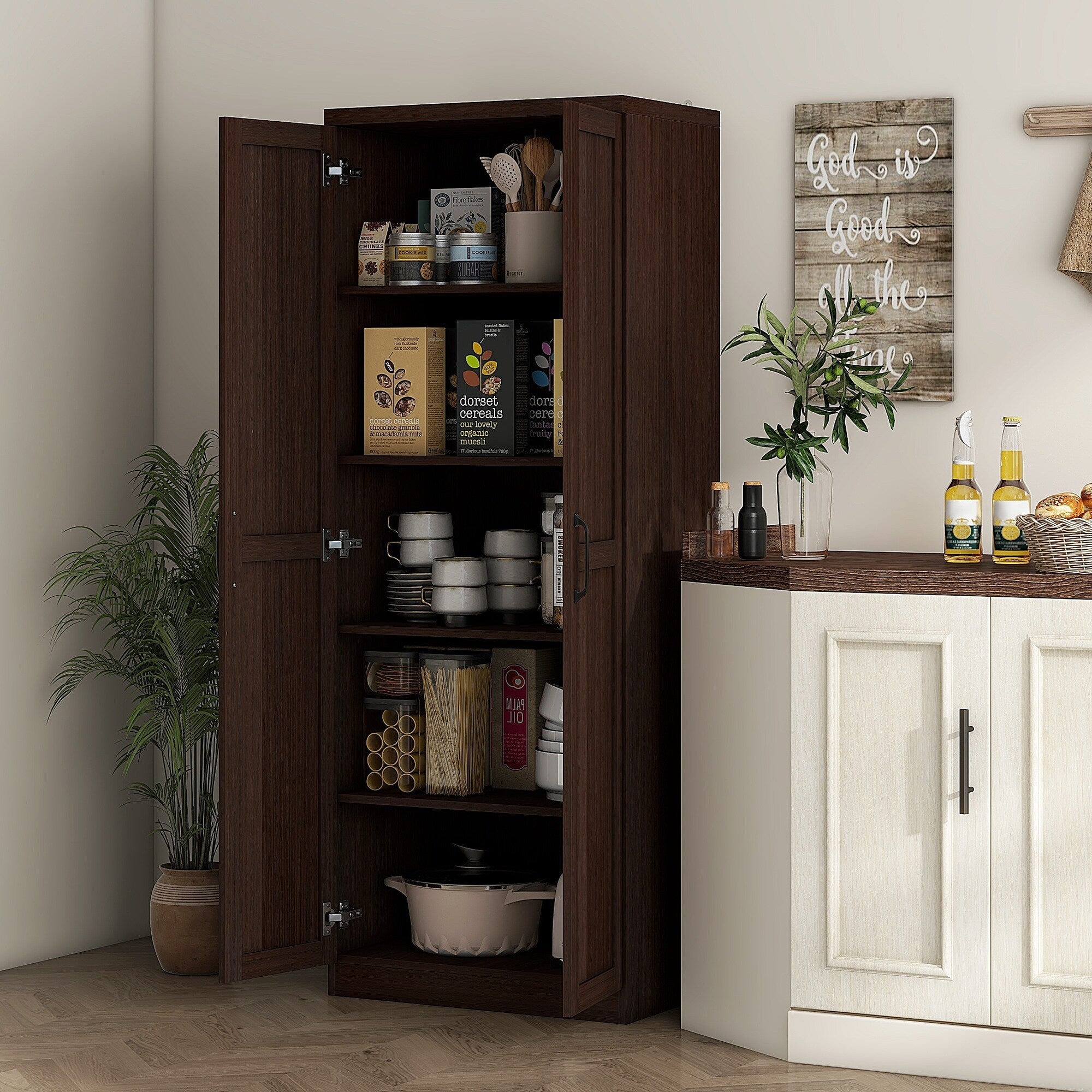 HOMCOM 63 Garde-manger de cuisine 2 portes, meuble de rangement indépendant avec étagères à 5 niveaux et 2 étagères réglables pour salle à manger
