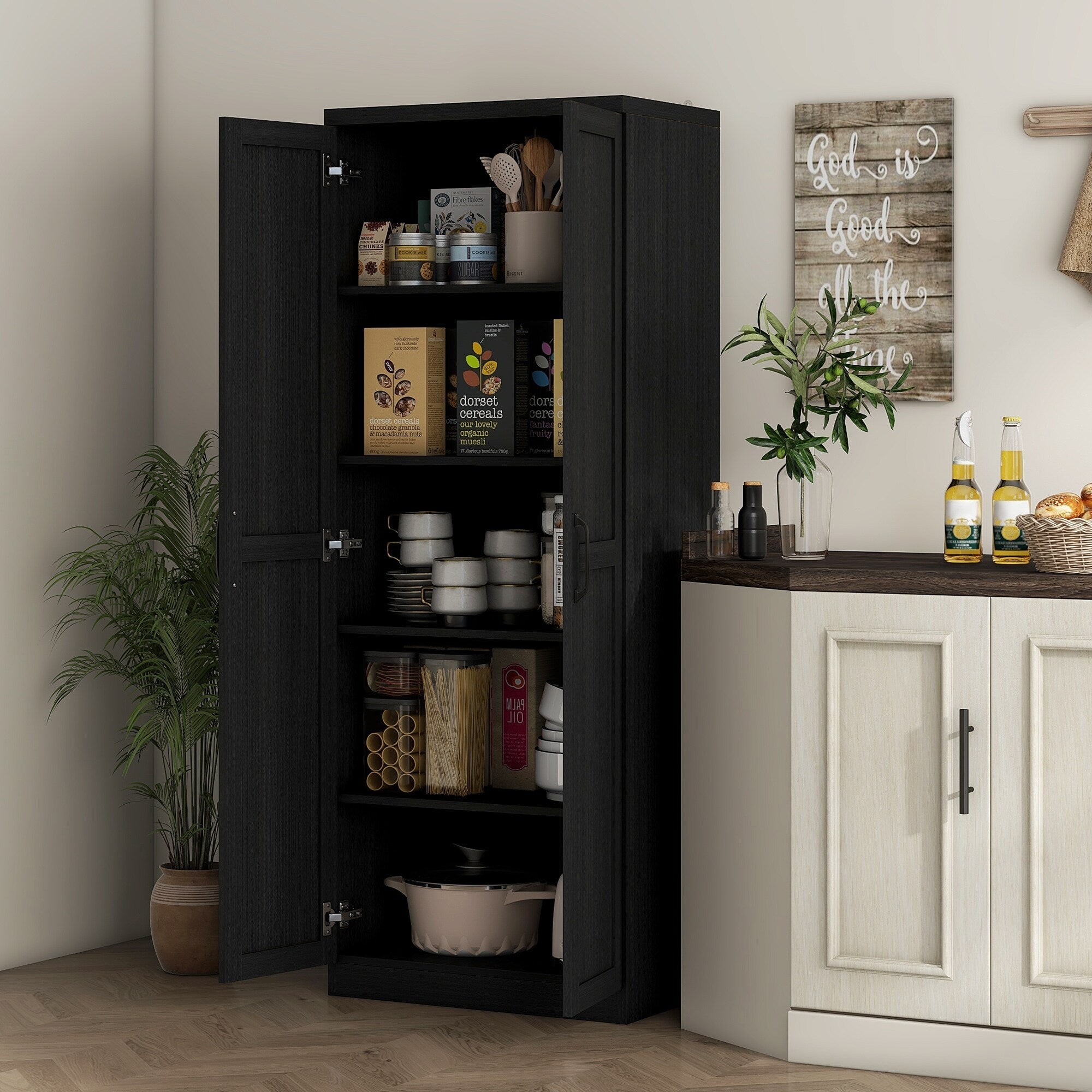 HOMCOM 63 Garde-manger de cuisine 2 portes, meuble de rangement indépendant avec étagères à 5 niveaux et 2 étagères réglables pour salle à manger