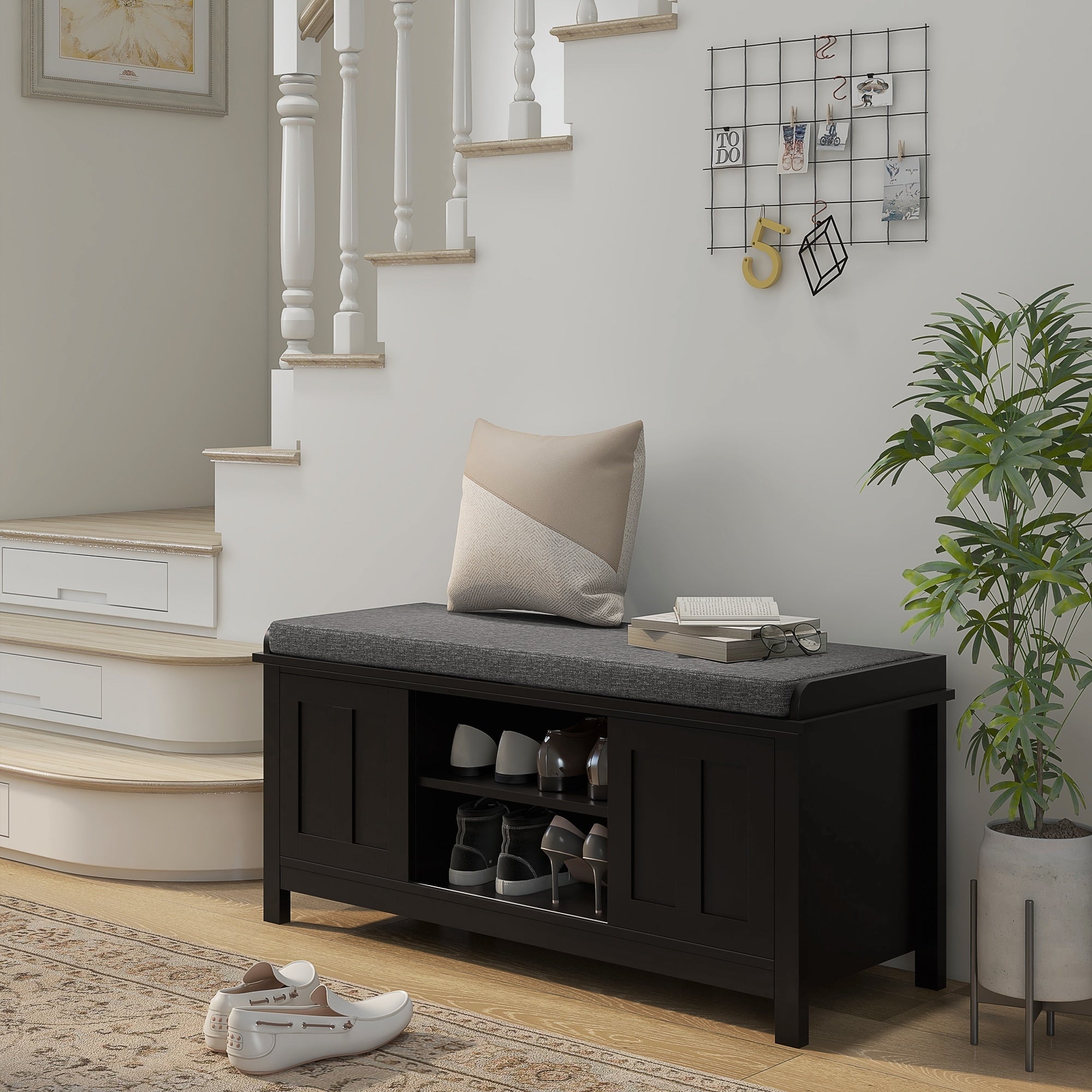 Banc à chaussures d'entrée HOMCOM avec rangement ottoman et étagères réglables, 6 compartiments et assise rembourrée, blanc/gris
