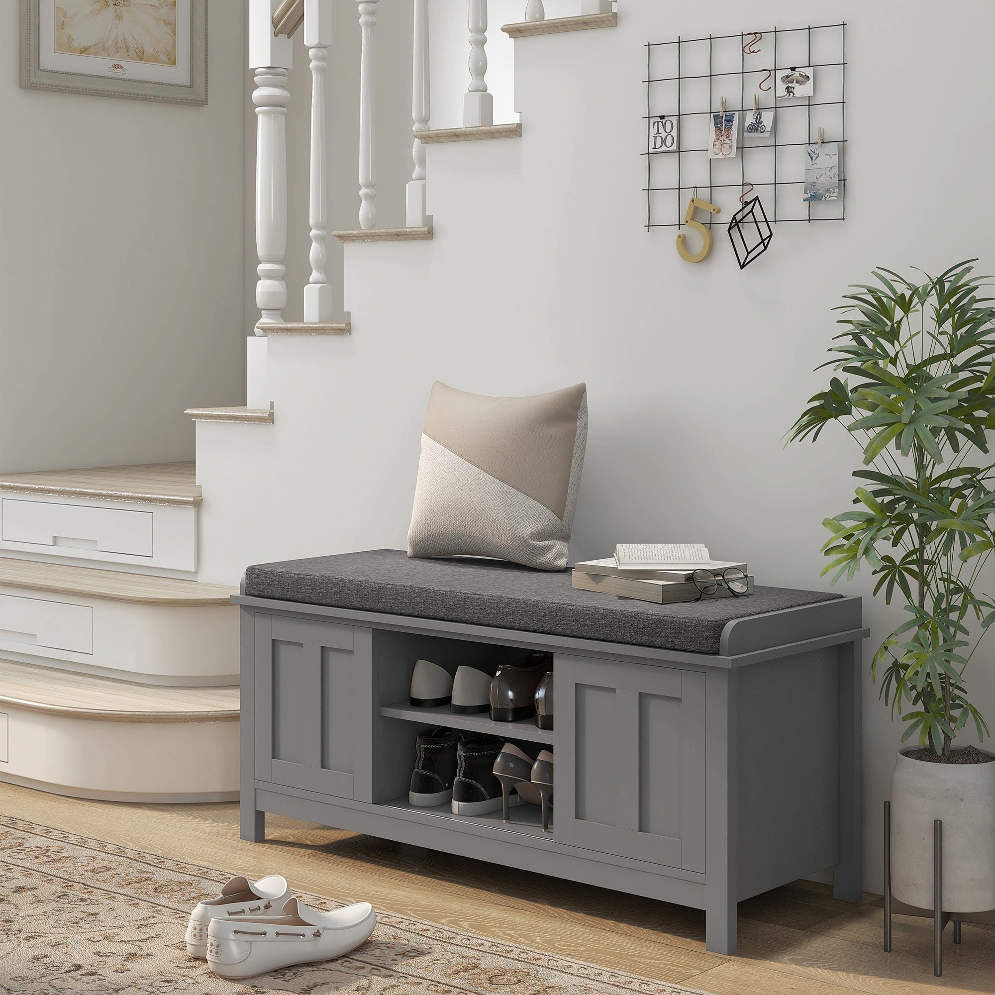 Banc à chaussures d'entrée HOMCOM avec rangement ottoman et étagères réglables, 6 compartiments et assise rembourrée, blanc/gris