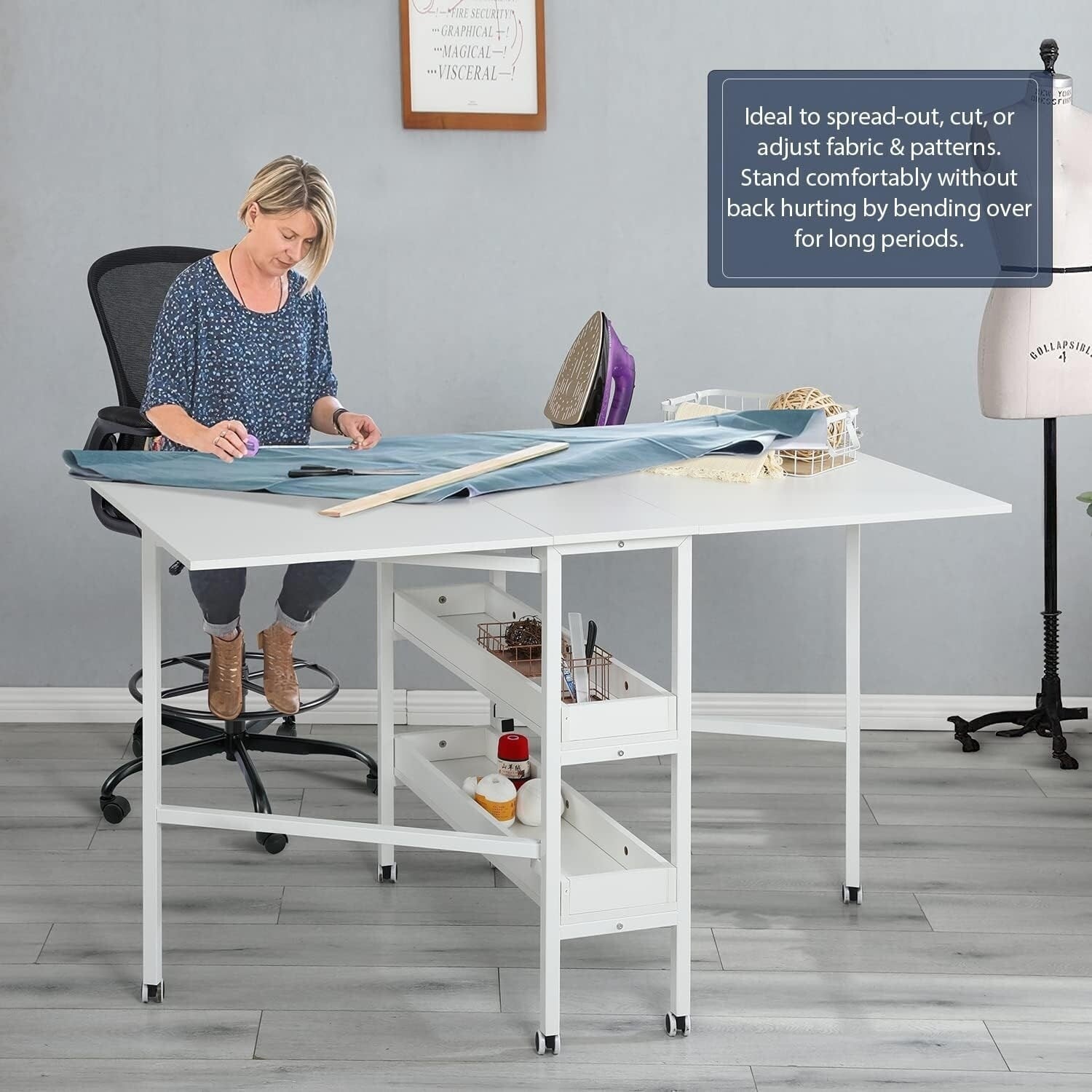 Table de bricolage réglable en hauteur avec étagères de rangement, table de découpe pliante mobile pour la maison, le bureau, la salle de couture et la salle d'artisanat