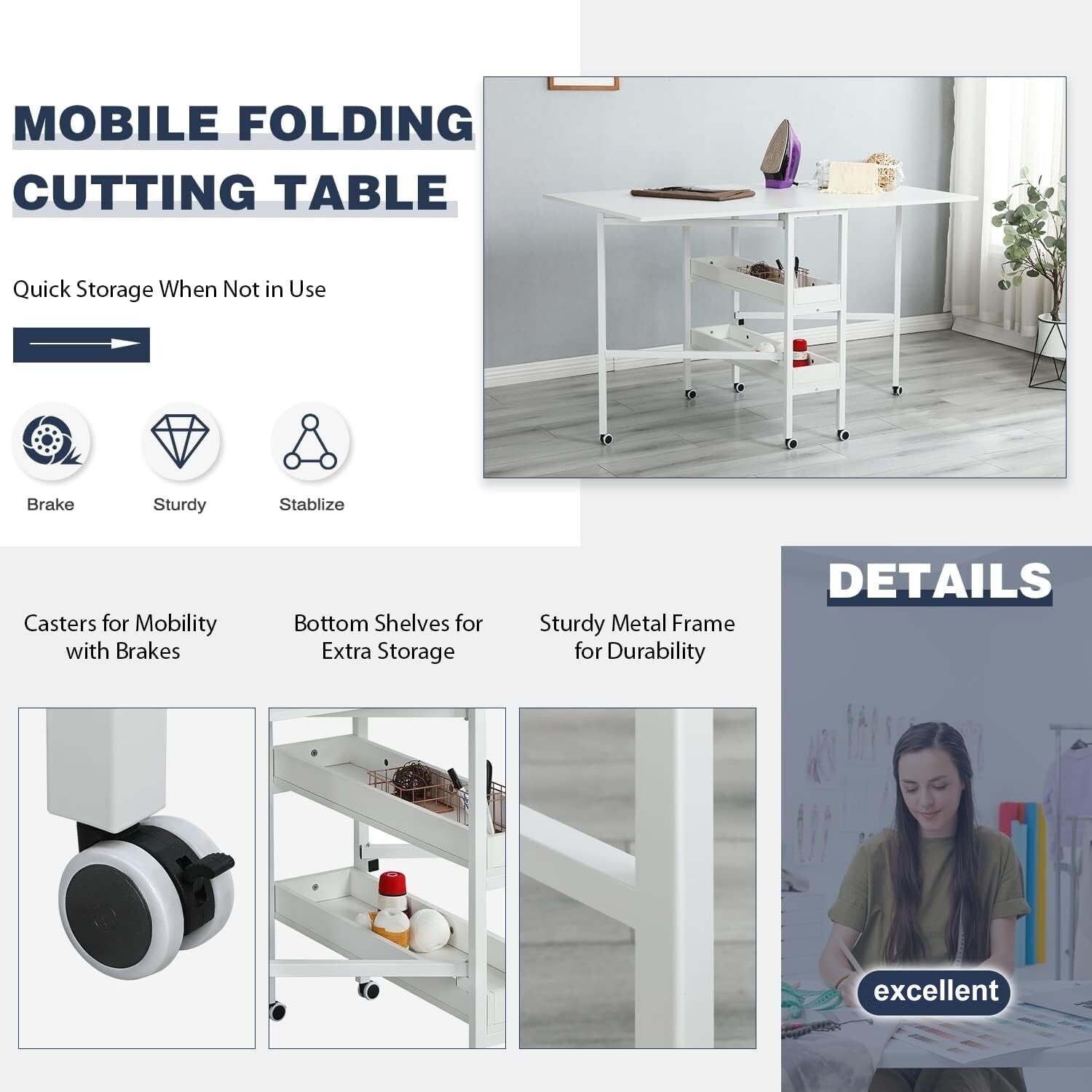 Table de bricolage réglable en hauteur avec étagères de rangement, table de découpe pliante mobile pour la maison, le bureau, la salle de couture et la salle d'artisanat