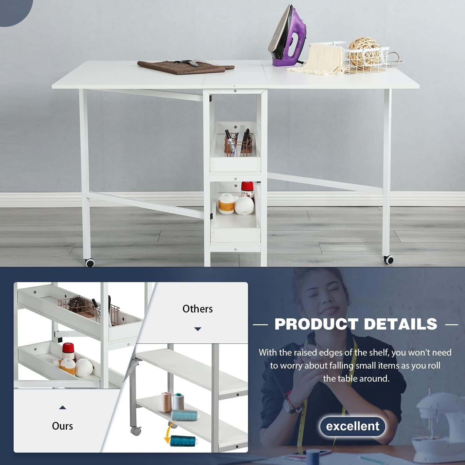 Table de bricolage réglable en hauteur avec étagères de rangement, table de découpe pliante mobile pour la maison, le bureau, la salle de couture et la salle d'artisanat