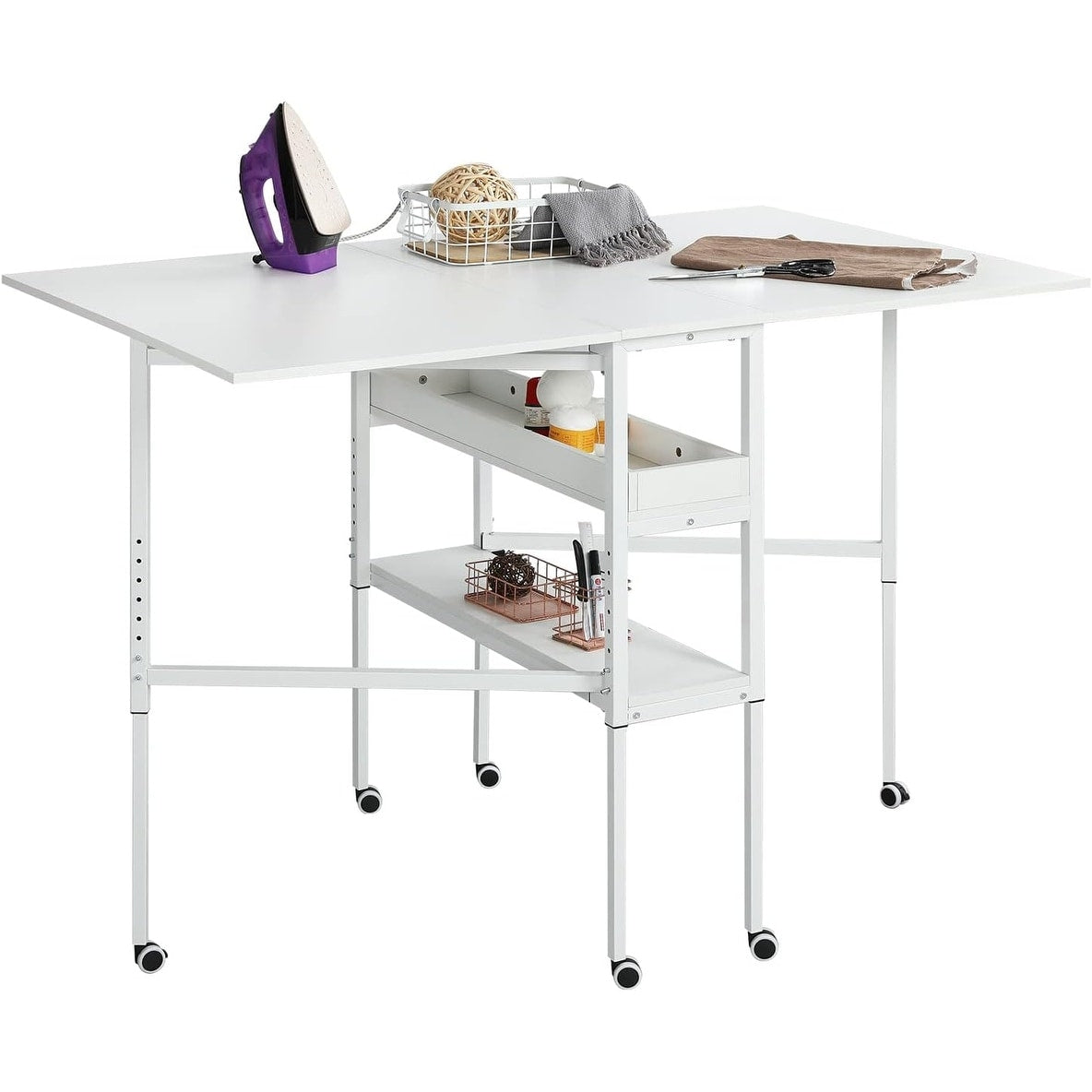 Table de bricolage réglable en hauteur avec étagères de rangement, table de découpe pliante mobile pour la maison, le bureau, la salle de couture et la salle d'artisanat