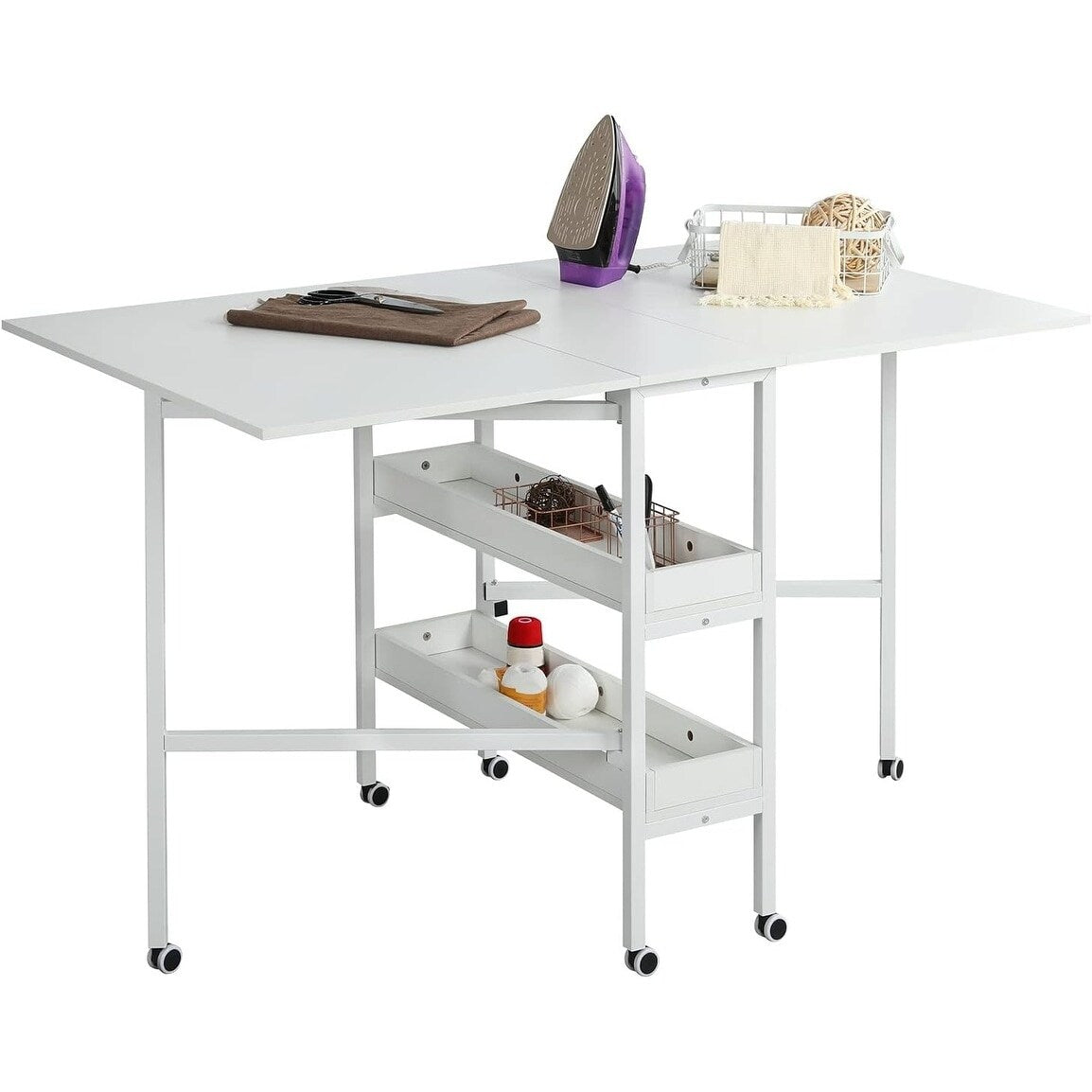 Table de bricolage réglable en hauteur avec étagères de rangement, table de découpe pliante mobile pour la maison, le bureau, la salle de couture et la salle d'artisanat