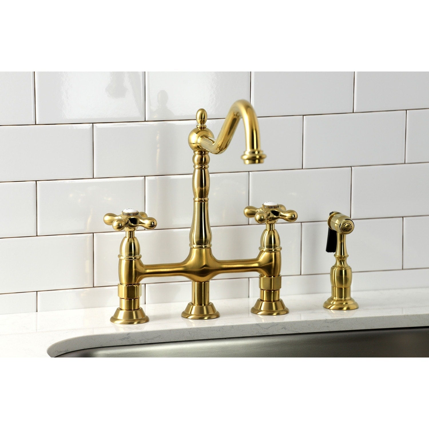 Robinet de cuisine Heritage Bridge avec douchette en laiton