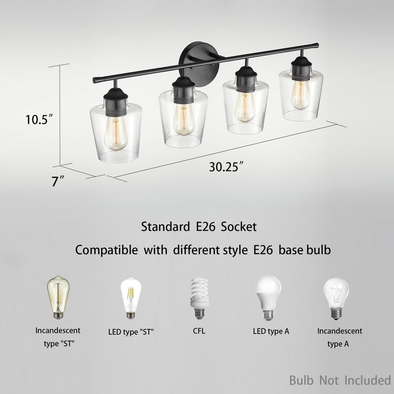 KAWOTI Lampe de salle de bain en métal à 4 lumières et abat-jour en verre à intensité variable