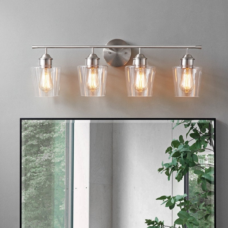 KAWOTI Lampe de salle de bain en métal à 4 lumières et abat-jour en verre à intensité variable