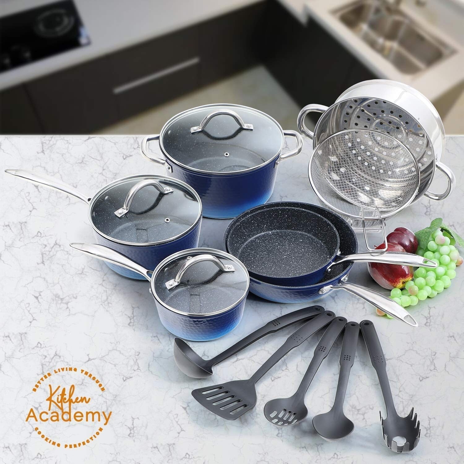 Batterie de cuisine antiadhésive de 15 pièces avec revêtement en granit Kitchen Academy