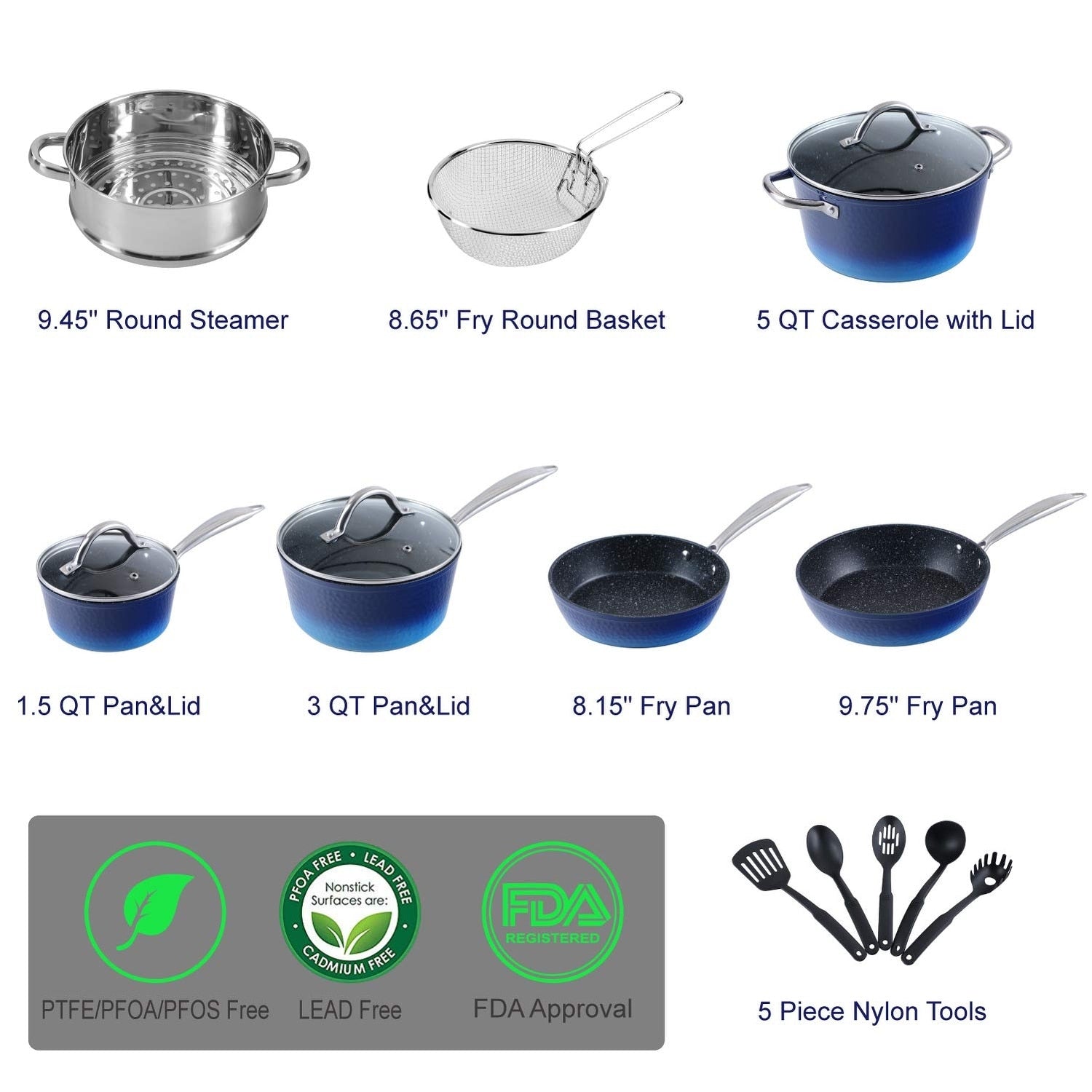 Batterie de cuisine antiadhésive de 15 pièces avec revêtement en granit Kitchen Academy