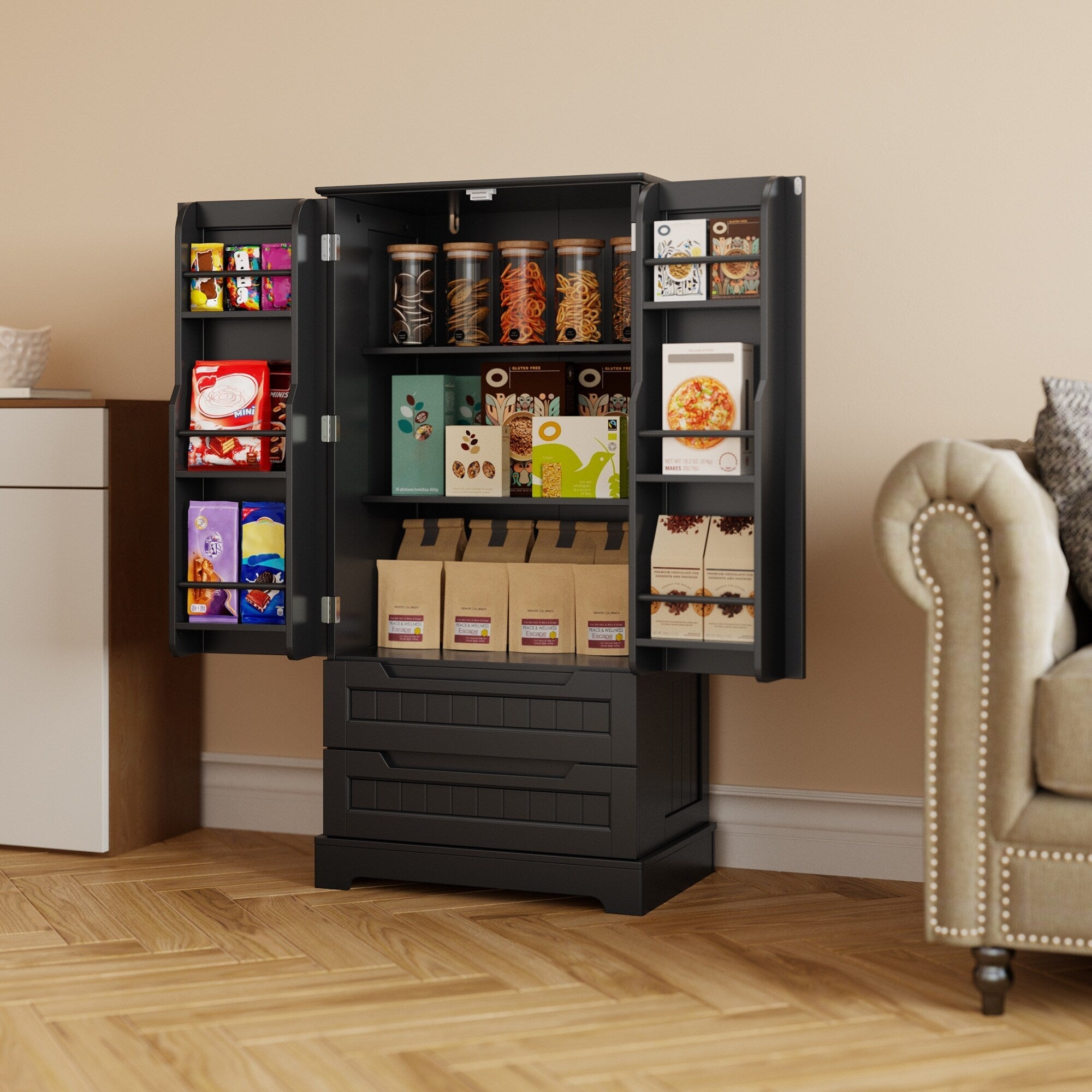 Armoire de rangement pour cuisine, armoire de rangement pour salle de bain indépendante avec 2 portes et tiroirs