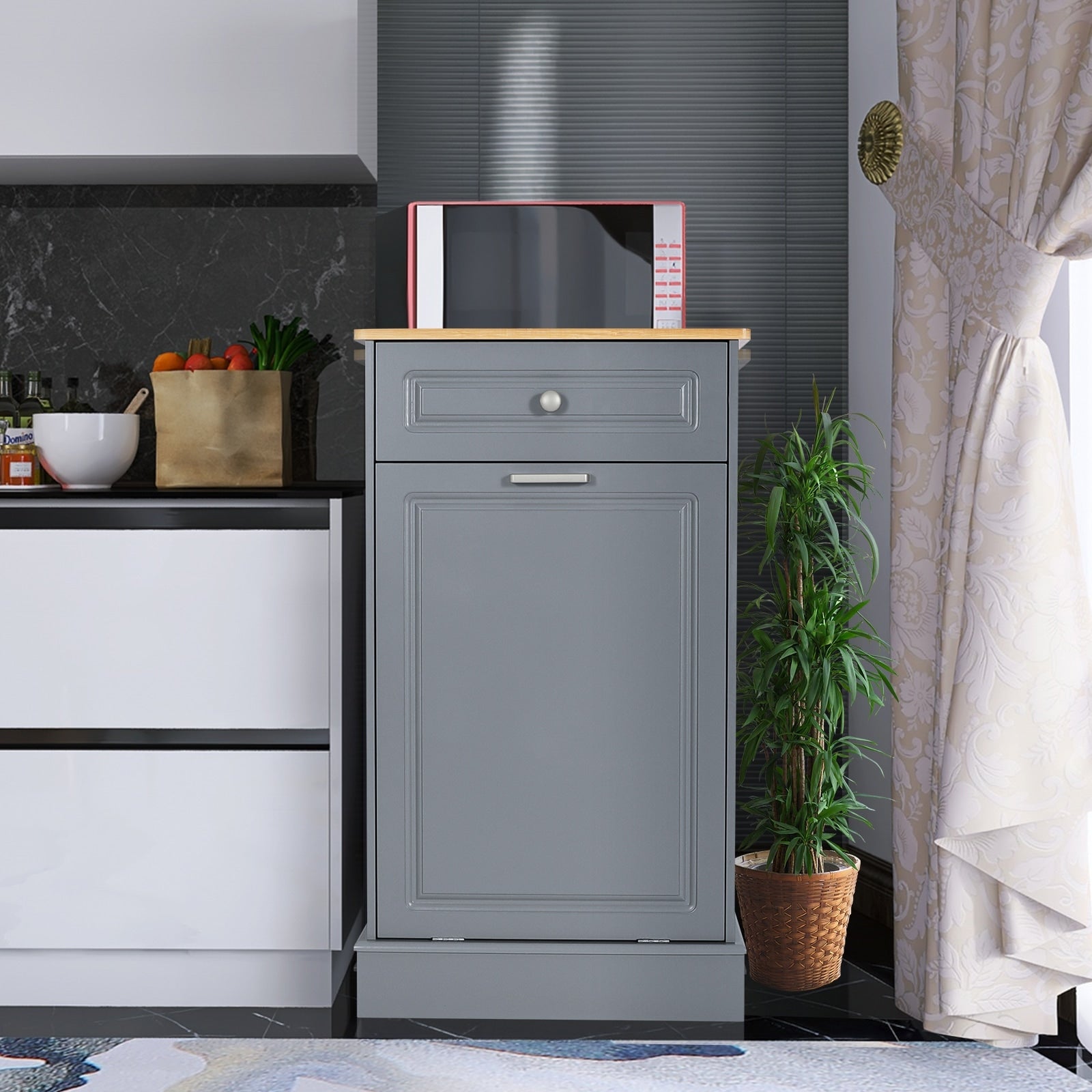 Poubelle de cuisine inclinable avec tiroir et rangement sur plan de travail en bois