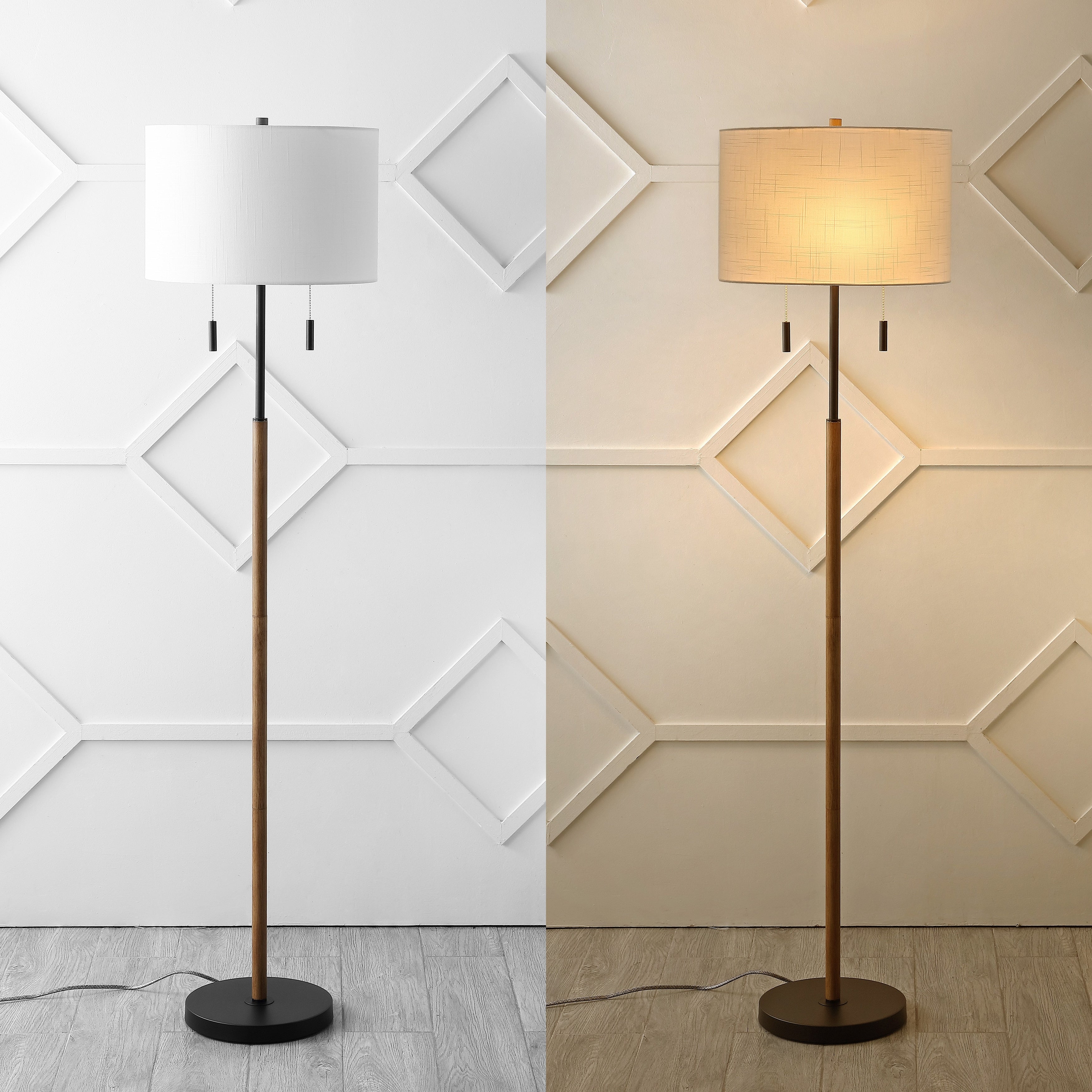 Lampe de sol à LED Koda 61 rustique en fer avec chandelier et chaînes de traction, finition bois marron/noir par JONATHAN Y