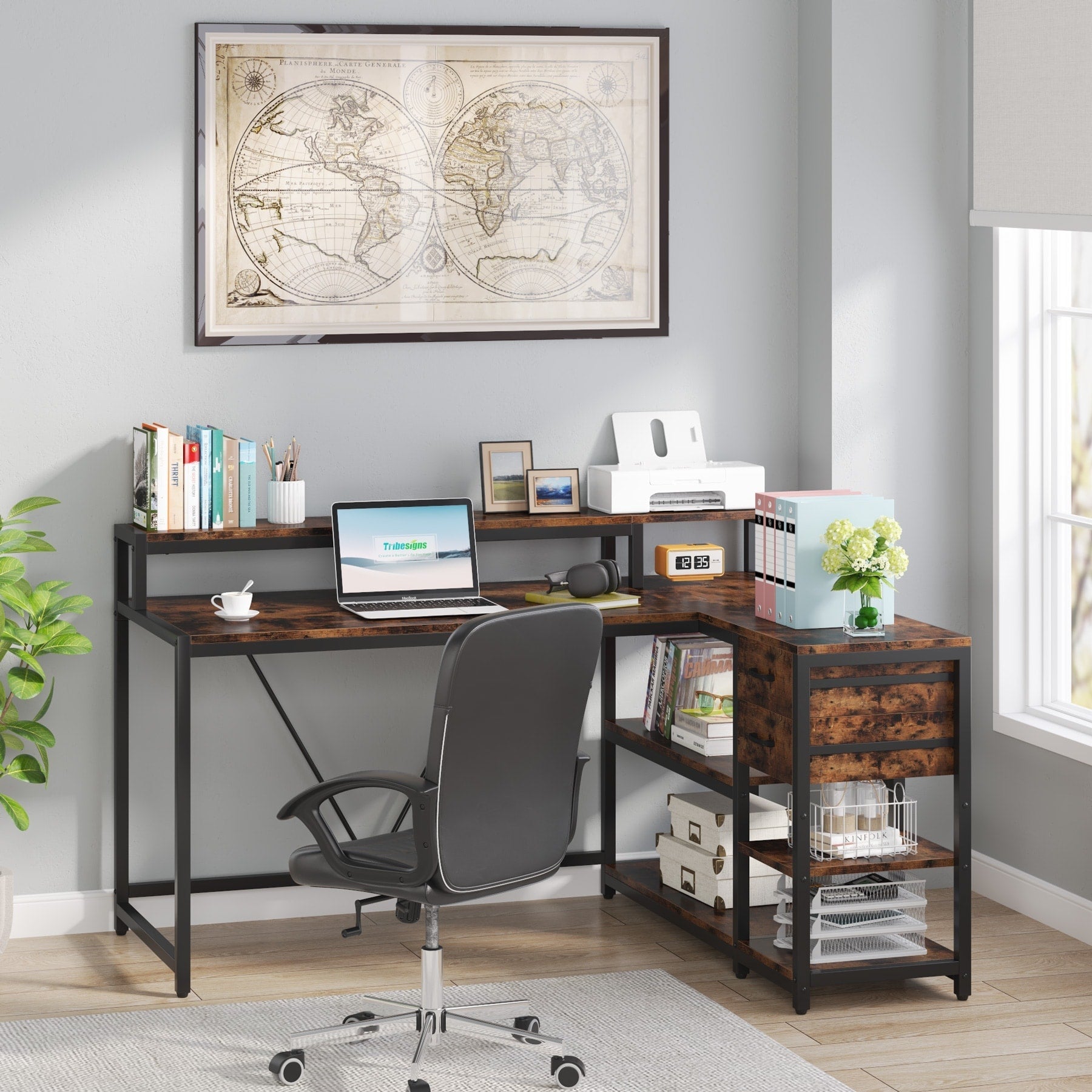 Bureau en L avec tiroir, bureau d'angle avec étagères de rangement et support d'écran, bureau PC rustique pour petits espaces