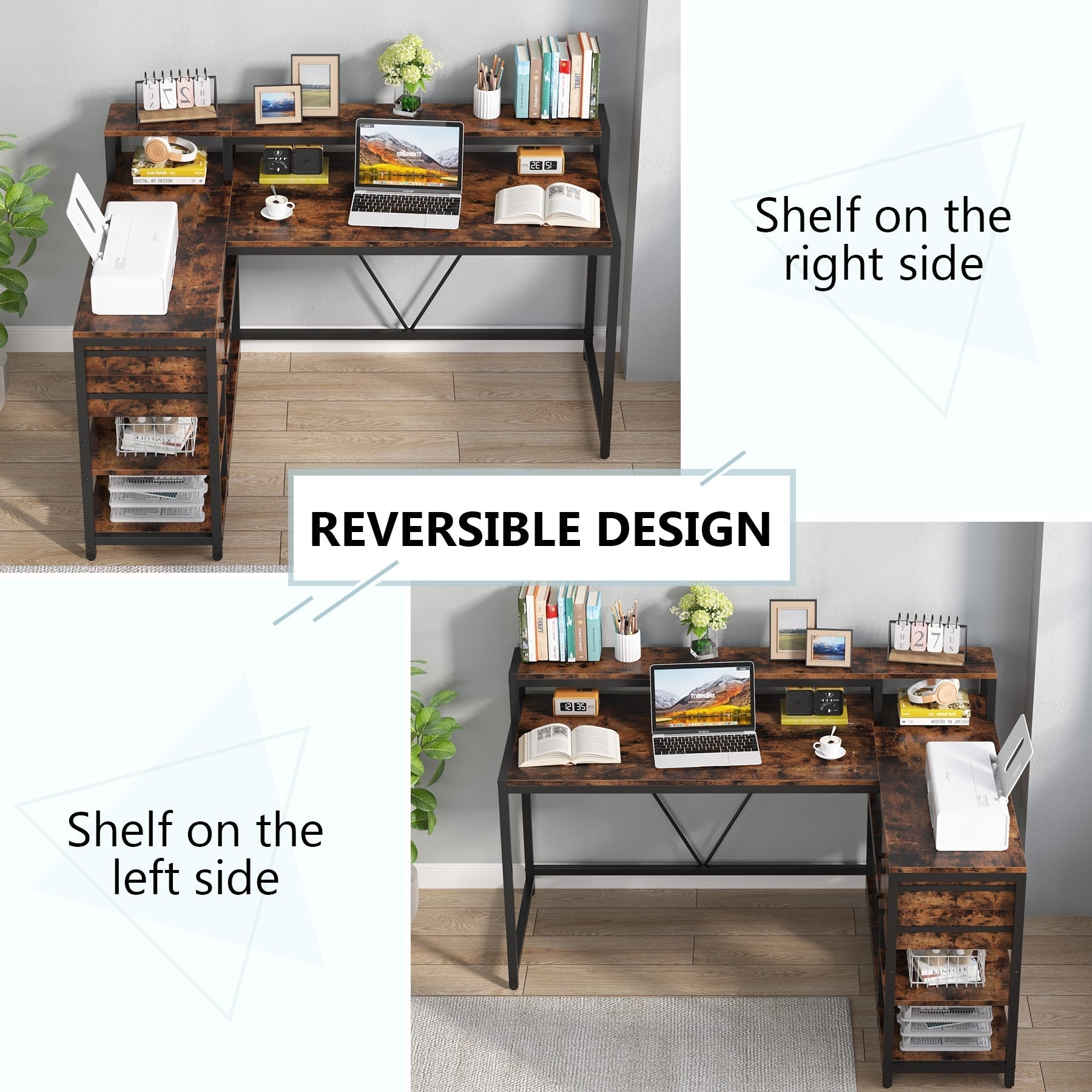 Bureau en L avec tiroir, bureau d'angle avec étagères de rangement et support d'écran, bureau PC rustique pour petits espaces
